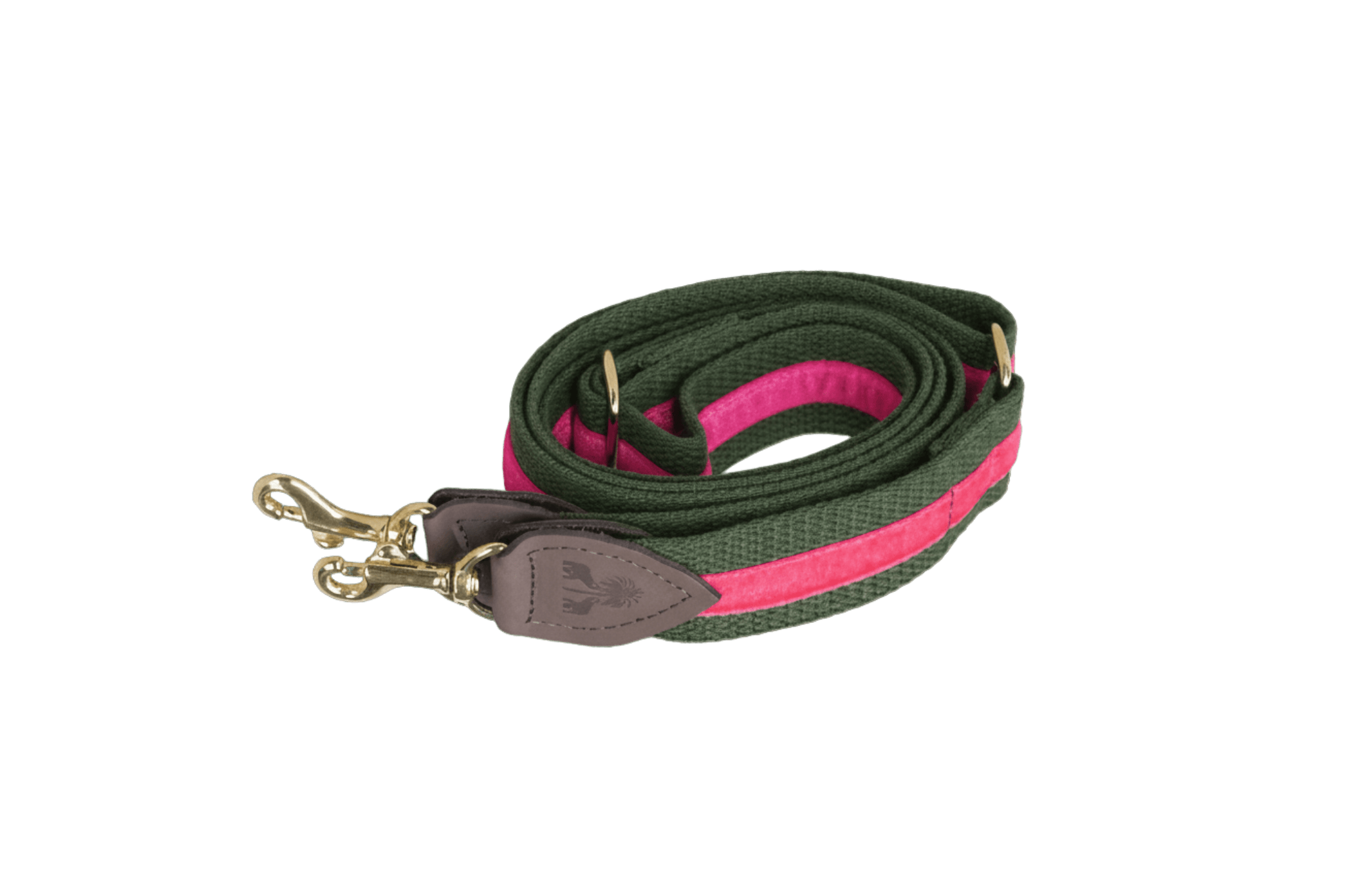 Schulterriemen in Khaki mit pinkem Samtstreifen für Greta's Hundetasche, mit Lederdetails und goldenen Karabinern.