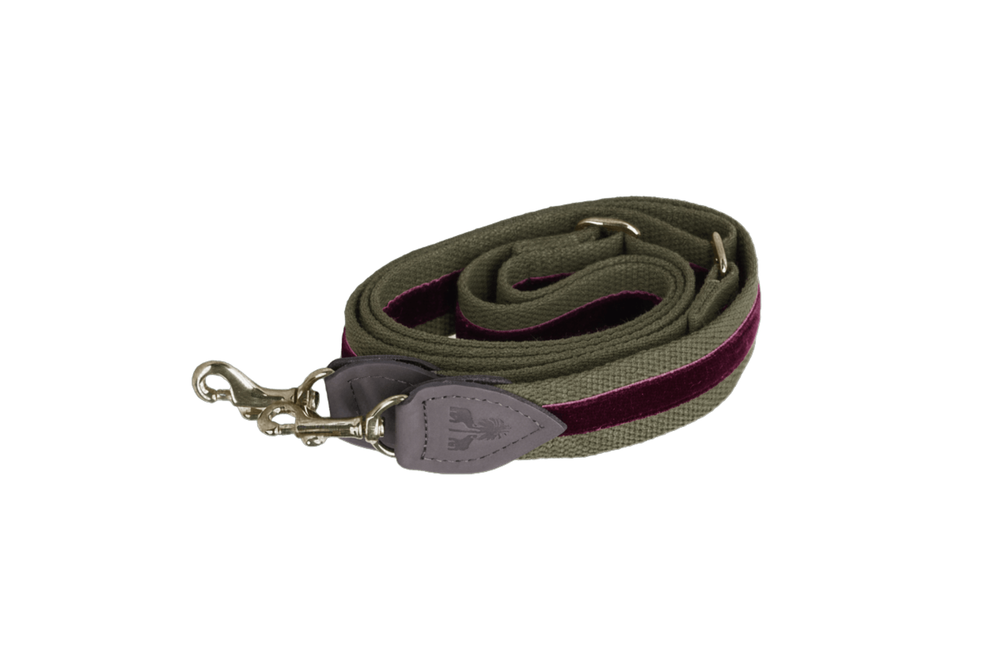 Schulterriemen in Khaki mit very berryfarbenem Samtstreifen für Greta's Hundetasche, mit Lederdetails und goldenen Karabinern.