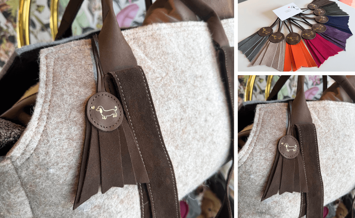 Bildcollage des Greta & PAUL Taschenanhängers 'Gretchen' in Dunkelbraun mit Gold-Prägung und der kompletten Farbpalette.