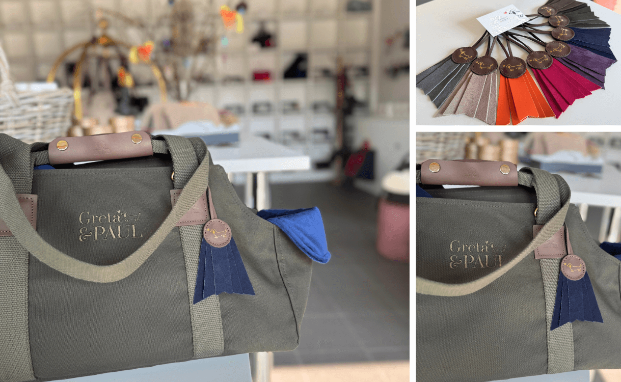 Bildcollage des Greta & PAUL Taschenanhängers 'Gretchen' in Königsblau mit Gold-Prägung und der kompletten Farbpalette.