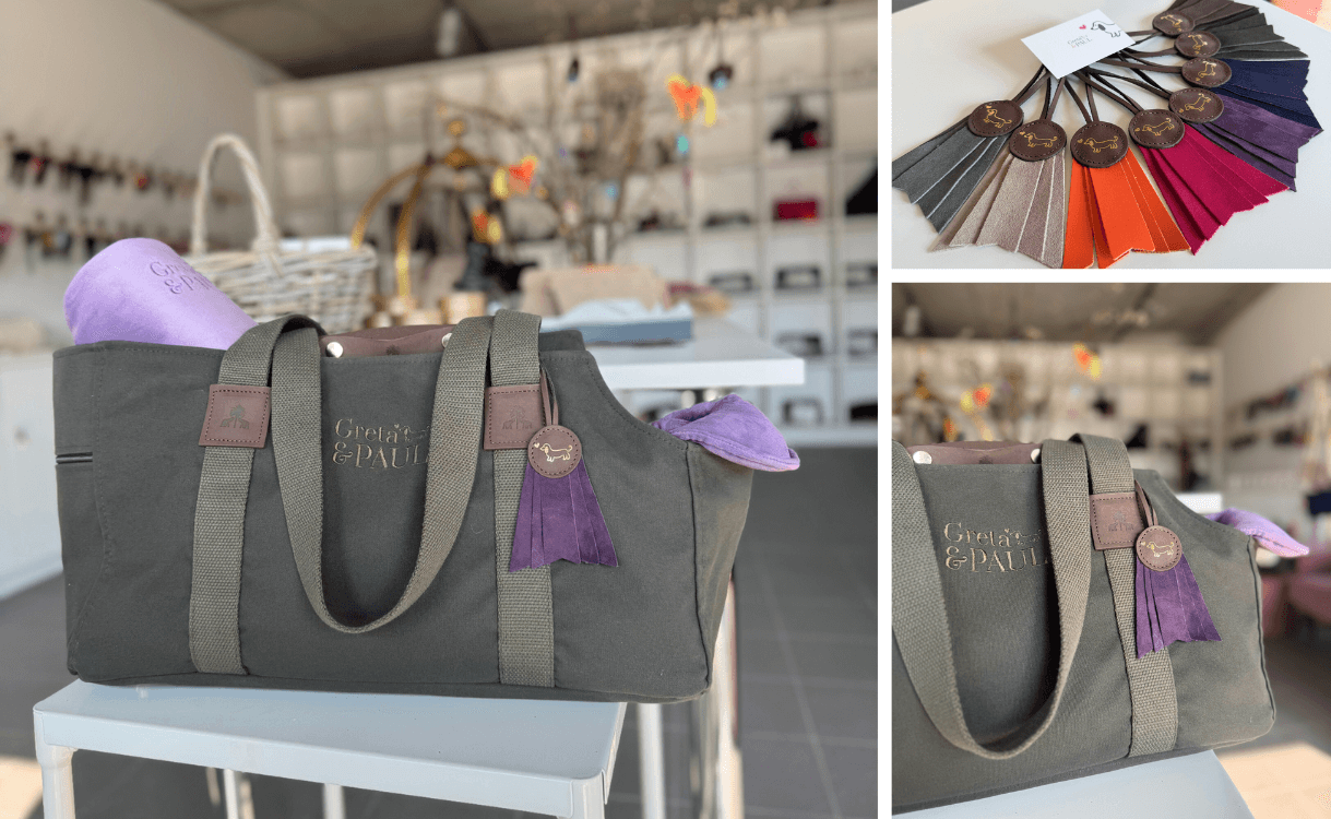 Bildcollage des Greta & PAUL Taschenanhängers 'Gretchen' in Lila mit Gold-Prägung und der kompletten Farbpalette.