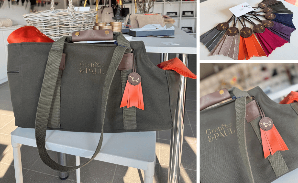 Bildcollage des Greta & PAUL Taschenanhängers 'Gretchen' in Orange mit Gold-Prägung und der kompletten Farbpalette.