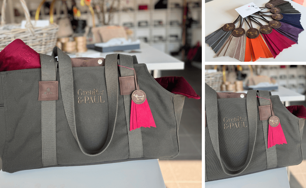 Bildcollage des Greta & PAUL Taschenanhängers 'Gretchen' in Pink mit Gold-Prägung und der kompletten Farbpalette.