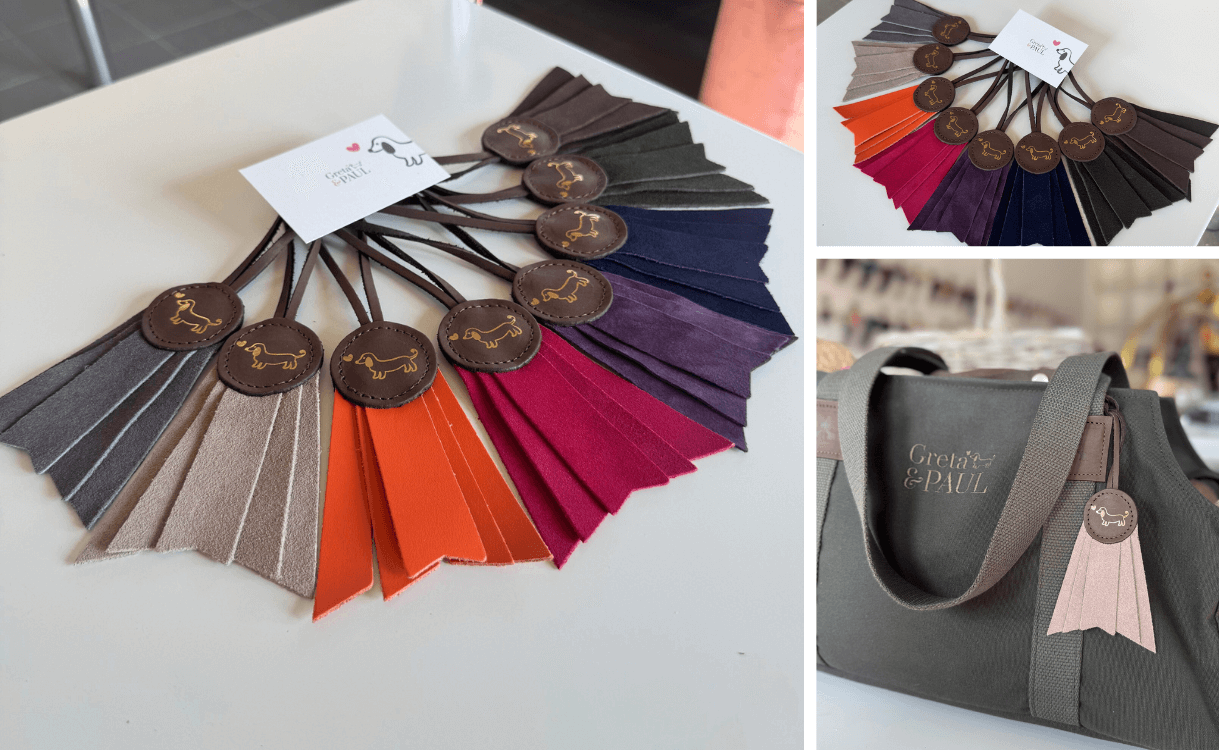 Bildcollage des Greta & PAUL Taschenanhängers 'Gretchen' mit Gold-Prägung, die Farbpalette und ein Anwendungsbeispiel.