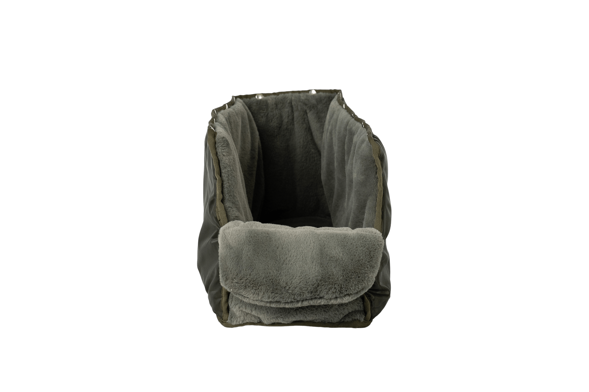 XL-Flausch-Inlay für Greta's Hundetasche in Grau-Grün-Silber, handgefertigt, ausknöpfbar, waschbar und pflegeleicht – Frontansicht