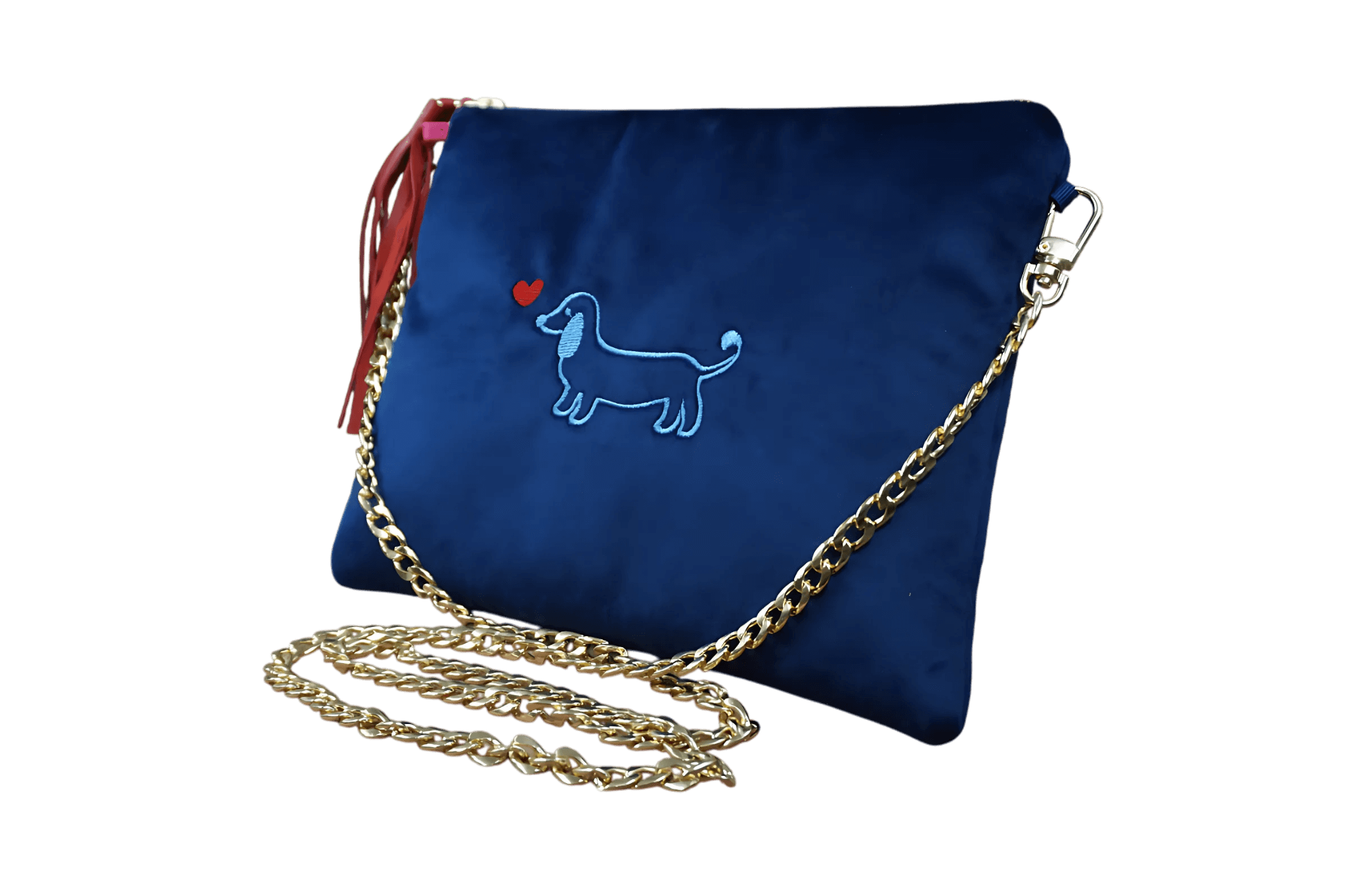 Greta & PAUL Samt-Clutch 'Stella' in Dunkelblau mit Dackel-Stickerei, Ledertassel und goldfarbener Schulterriemen-Kette.