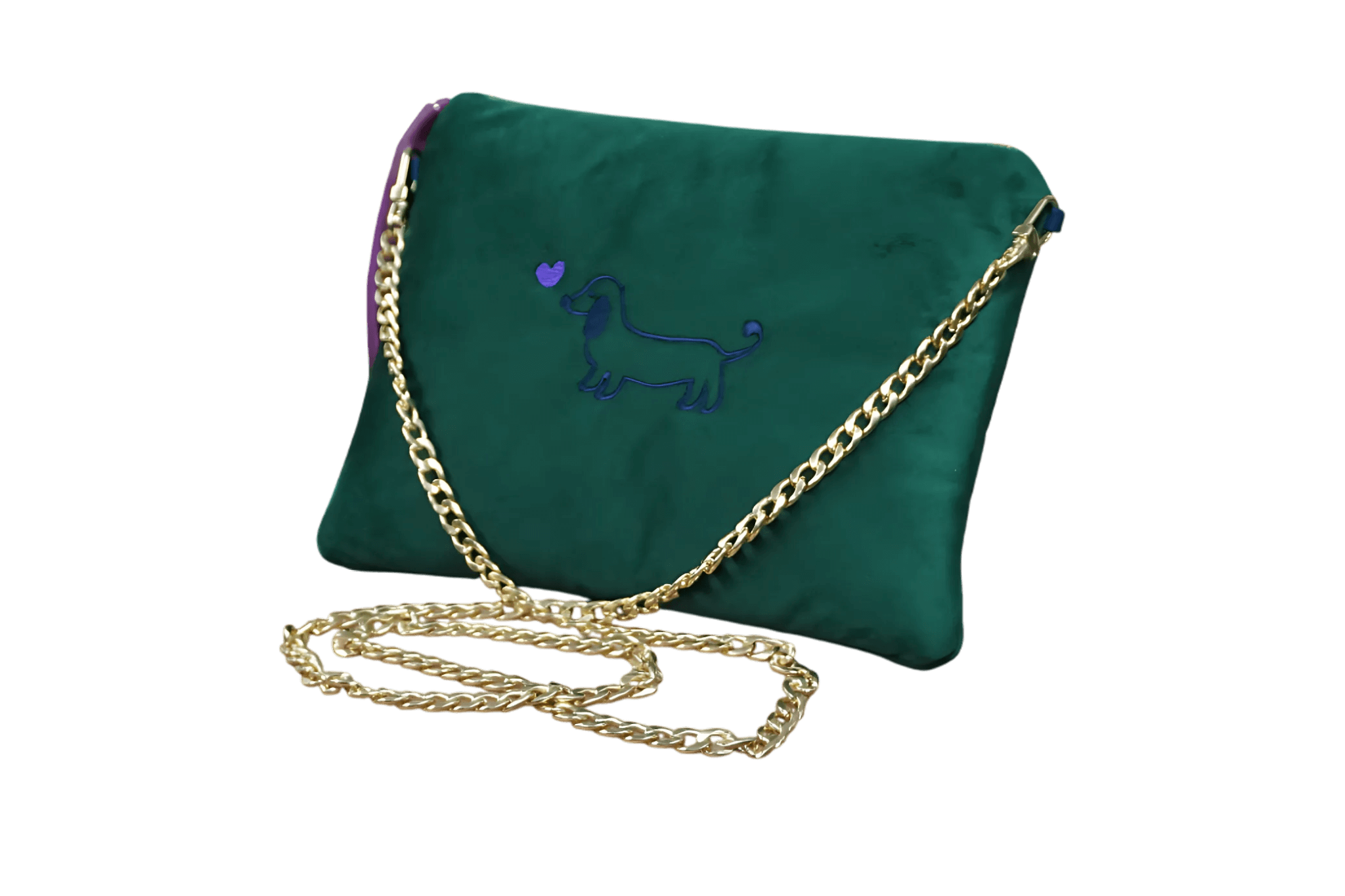 Greta & PAUL Samt-Clutch 'Stella' in Dunkelgrün mit Dackel-Stickerei und goldfarbener Schulterriemen-Kette.