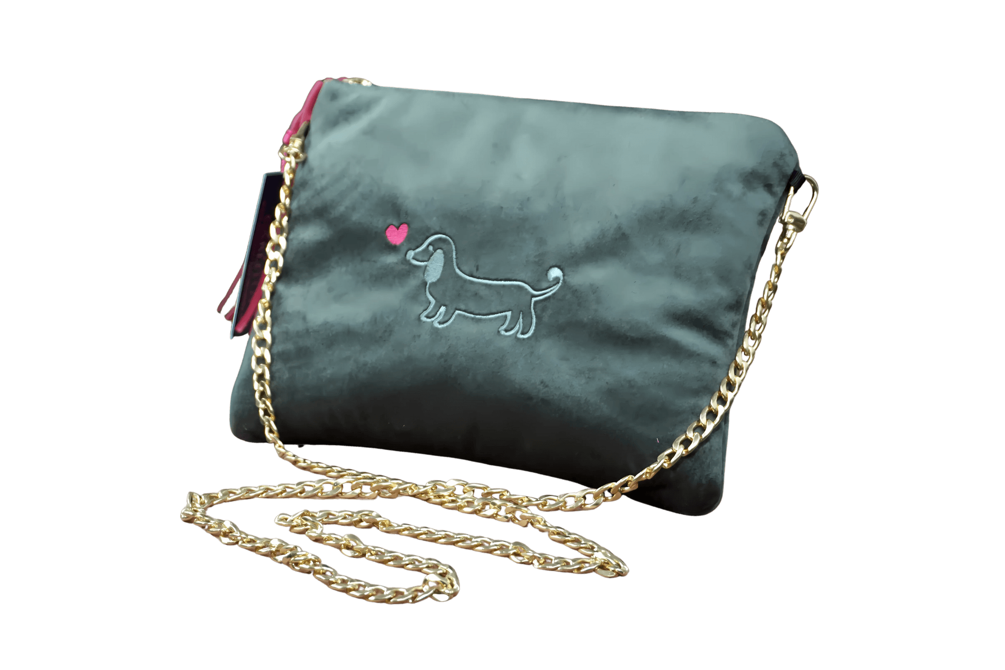 Greta & PAUL Samt-Clutch 'Stella' in Grau mit Dackel-Stickerei und goldfarbener Schulterriemen-Kette.