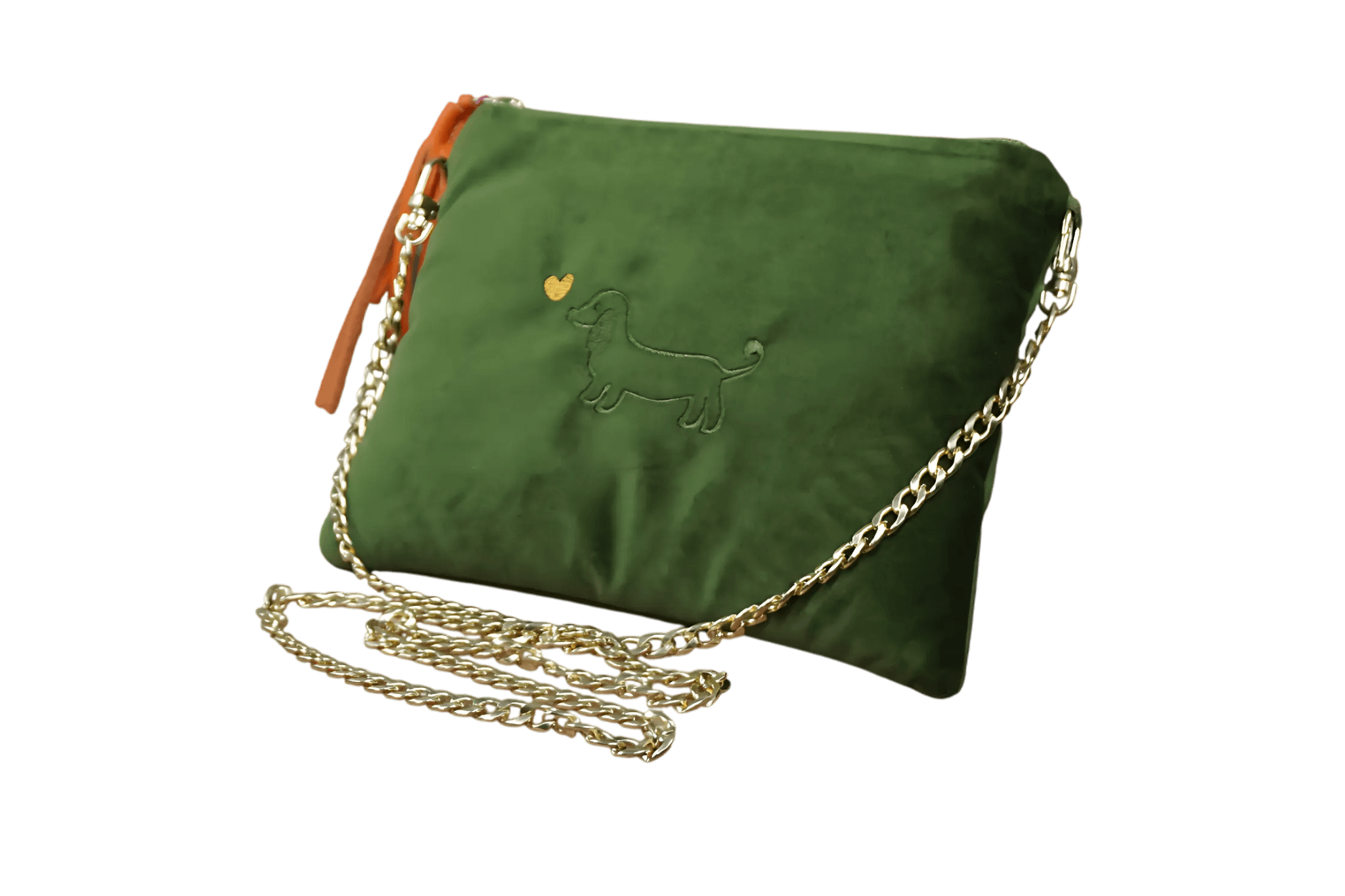 Greta & PAUL Samt-Clutch 'Stella' in Khaki mit Dackel-Stickerei und goldfarbener Schulterriemen-Kette.