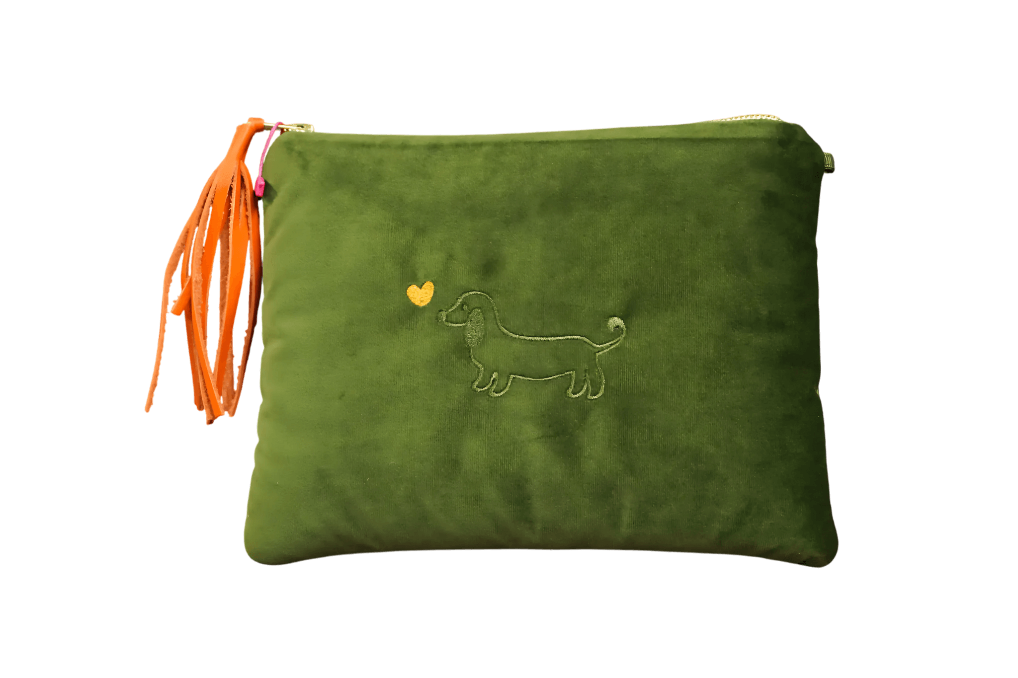 Greta & PAUL Samt-Clutch 'Stella' in Khaki mit Dackel-Stickerei und Ledertassel.