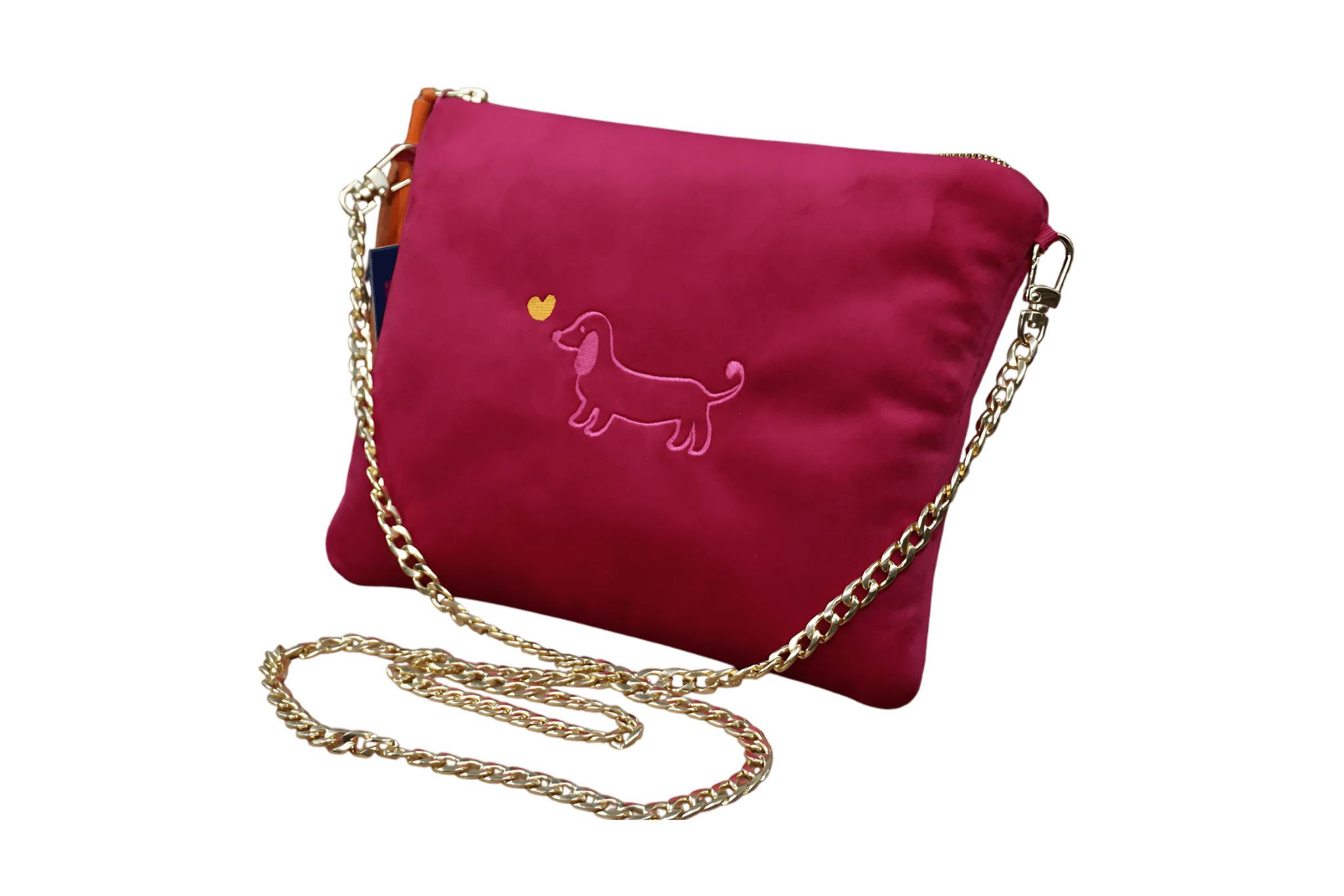 Greta & PAUL Samt-Clutch 'Stella' in Pink mit Dackel-Stickerei und goldfarbener Schulterriemen-Kette.