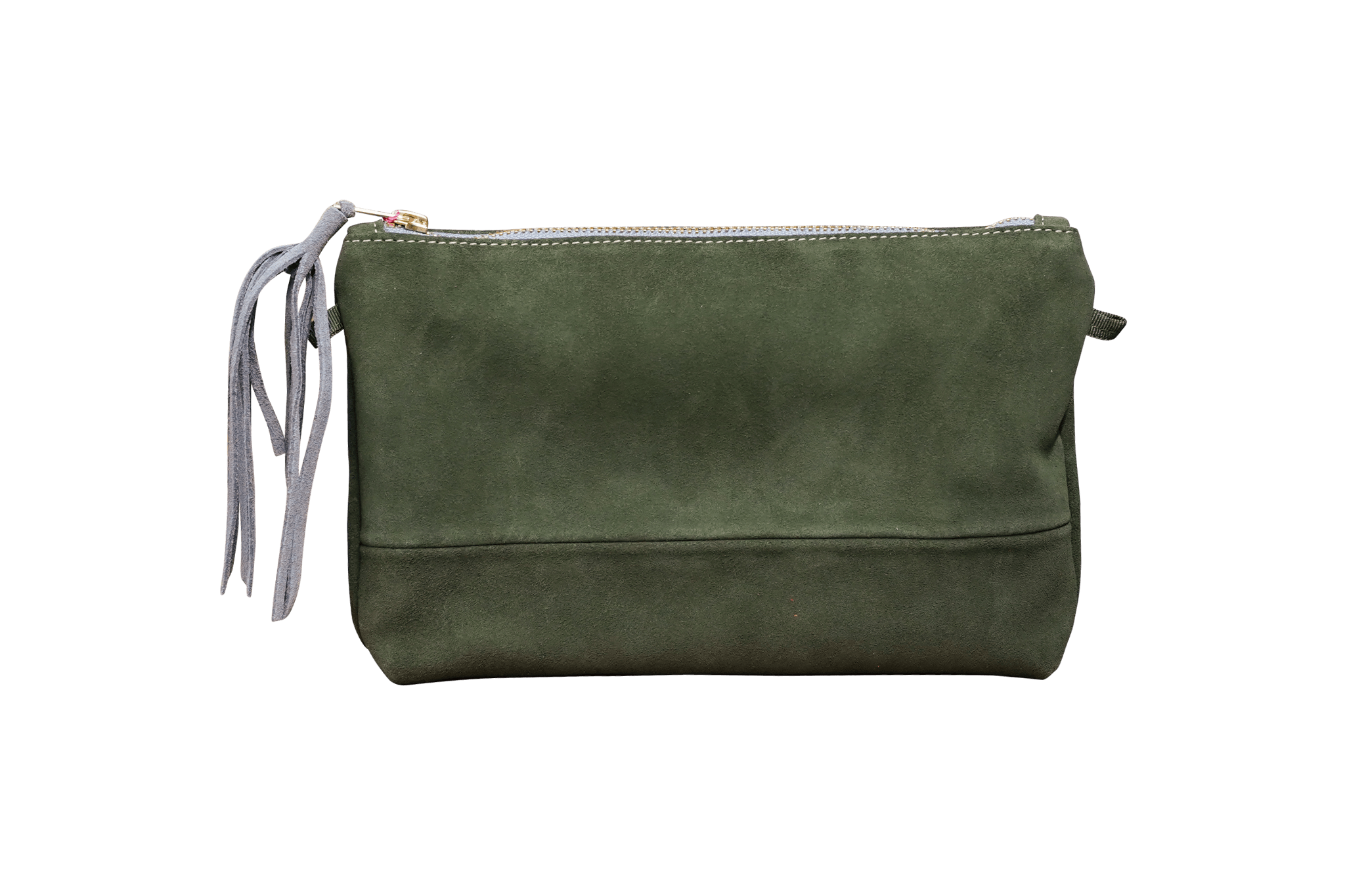Greta & PAUL Wildleder-Clutch 'Stella Deluxe' in Khaki mit anthrazitfarbenem Innenfutter und dekorativer Ledertassel