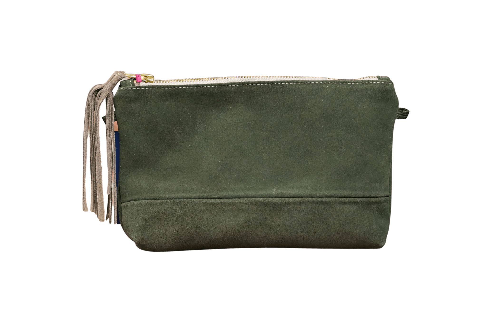 Greta & PAUL Wildleder-Clutch 'Stella Deluxe' in Khaki mit gold-beige-farbenem Innenfutter und dekorativer Ledertassel