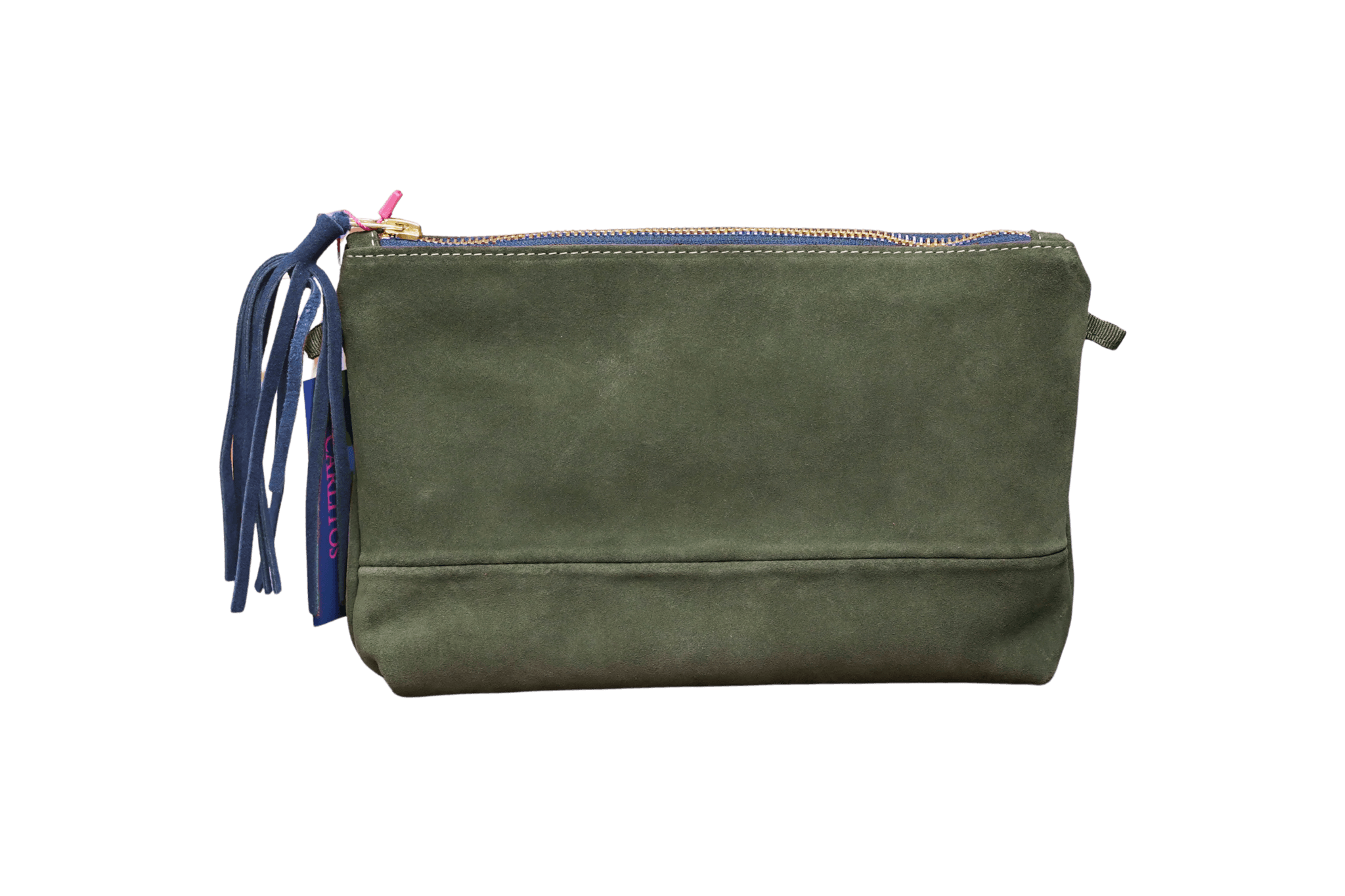 Greta & PAUL Wildleder-Clutch 'Stella Deluxe' in Khaki mit königsblauem Innenfutter und dekorativer Ledertassel