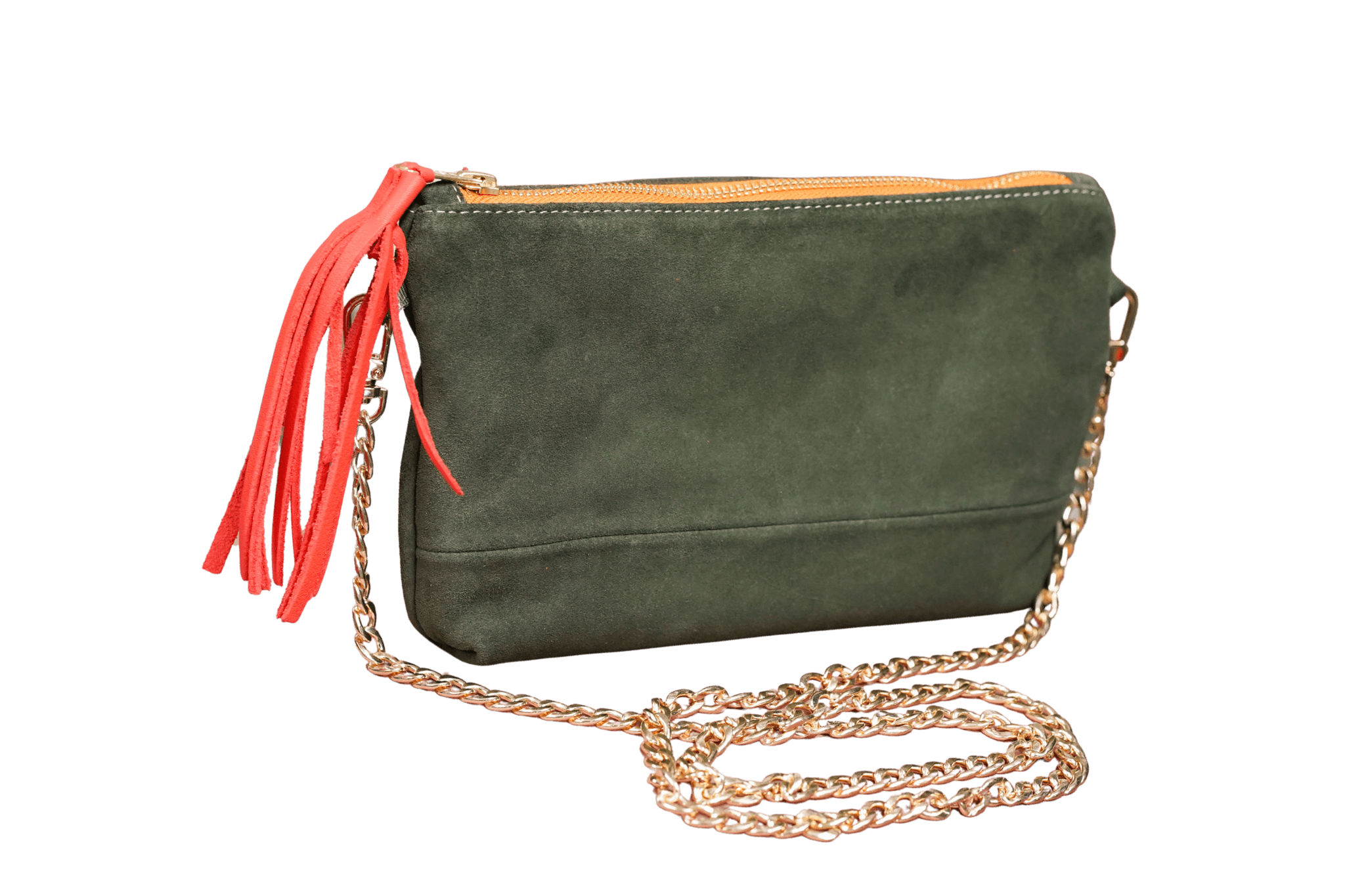 Greta & PAUL Wildleder-Clutch 'Stella Deluxe' in Khaki mit orangefarbenem Innenfutter und goldfarbener Schulterriemen-Kette
