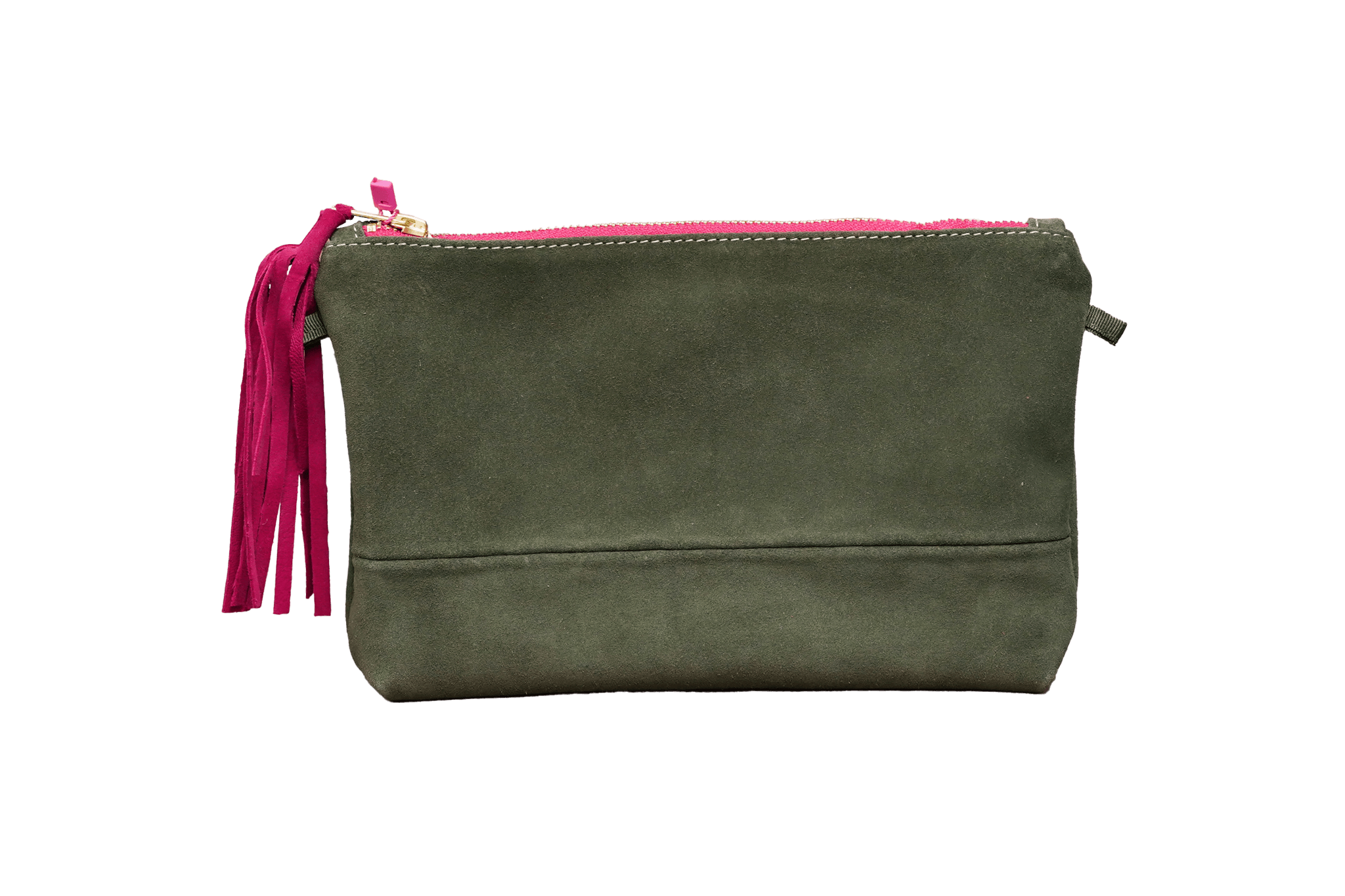 Greta & PAUL Wildleder-Clutch 'Stella Deluxe' in Khaki mit pinkem Innenfutter und dekorativer Ledertassel