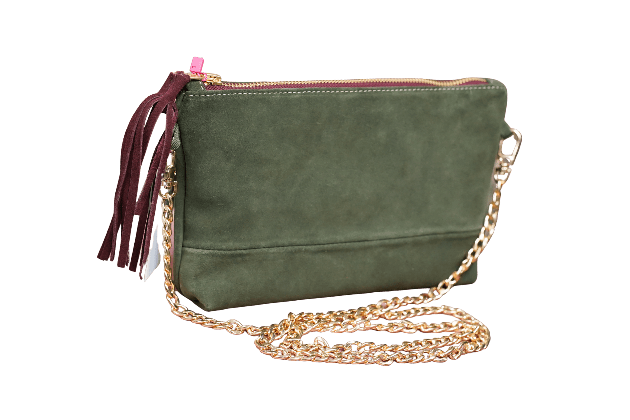 Greta & PAUL Wildleder-Clutch 'Stella Deluxe' in Khaki mit very berry-farbenem Innenfutter, Ledertassel und goldfarbener Schulterriemen-Kette