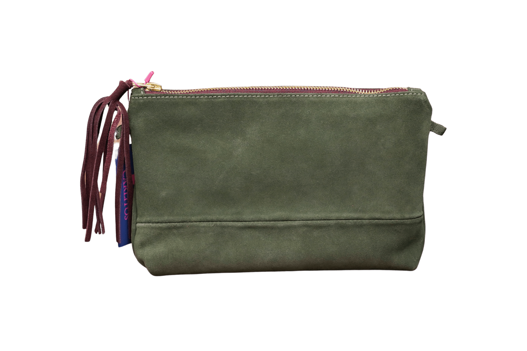 Greta & PAUL Wildleder-Clutch 'Stella Deluxe' in Khaki mit very berry-farbenem Innenfutter und dekorativer Ledertassel