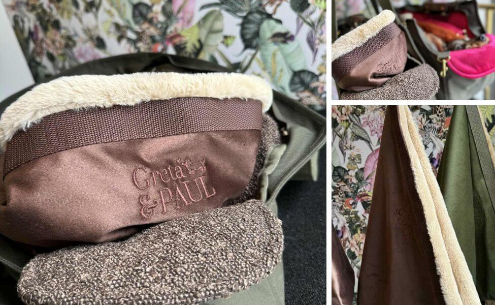 Bildcollage der Hundetragetasche 'Flausch-Säckchen' in der Farbe Dunkelbraun-Hellbeige. Zeigt das weiche Futter und die Logo-Stickerei.