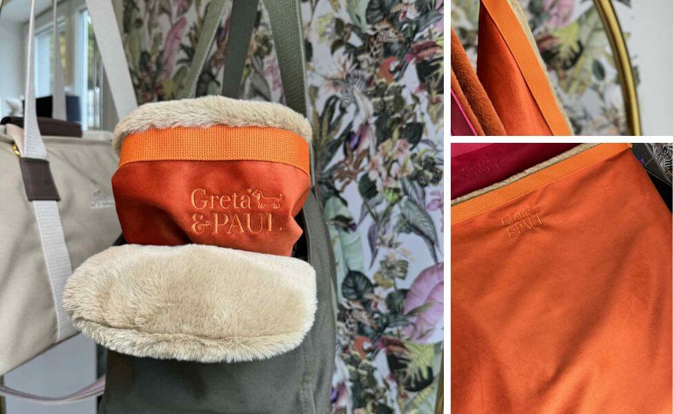 Bildcollage der Hundetragetasche 'Flausch-Säckchen' in der Farbe Orange-Beige. Zeigt das weiche Futter und die Logo-Stickerei.