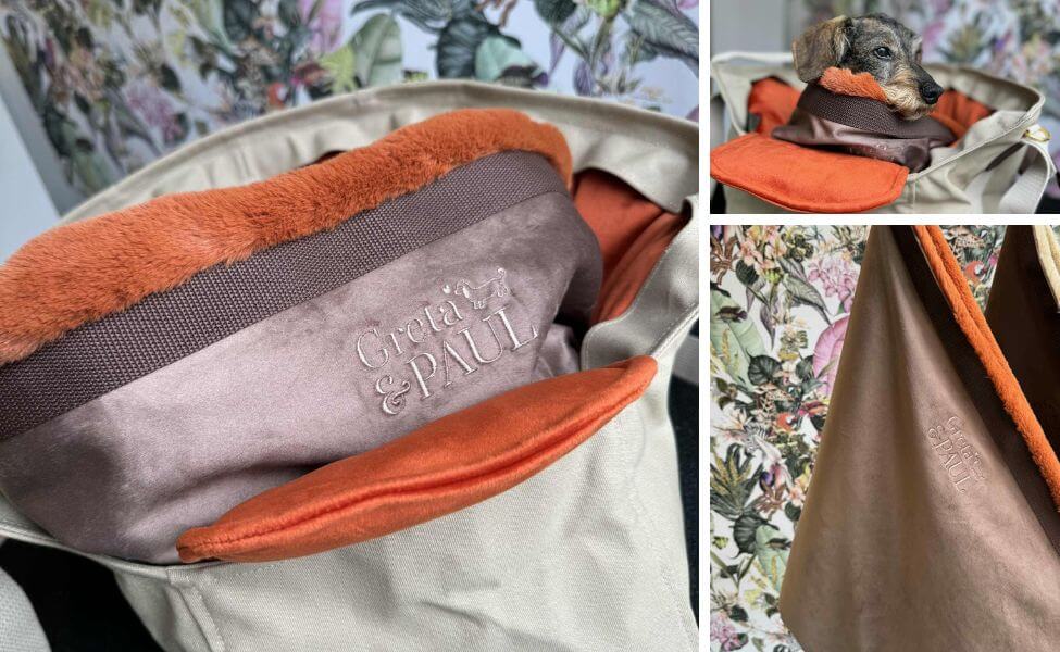 Bildcollage der Hundetragetasche 'Flausch-Säckchen' in Taupe-Orange von GRETA & PAUL, mit Logo-Detail und Dackel in der Tasche.