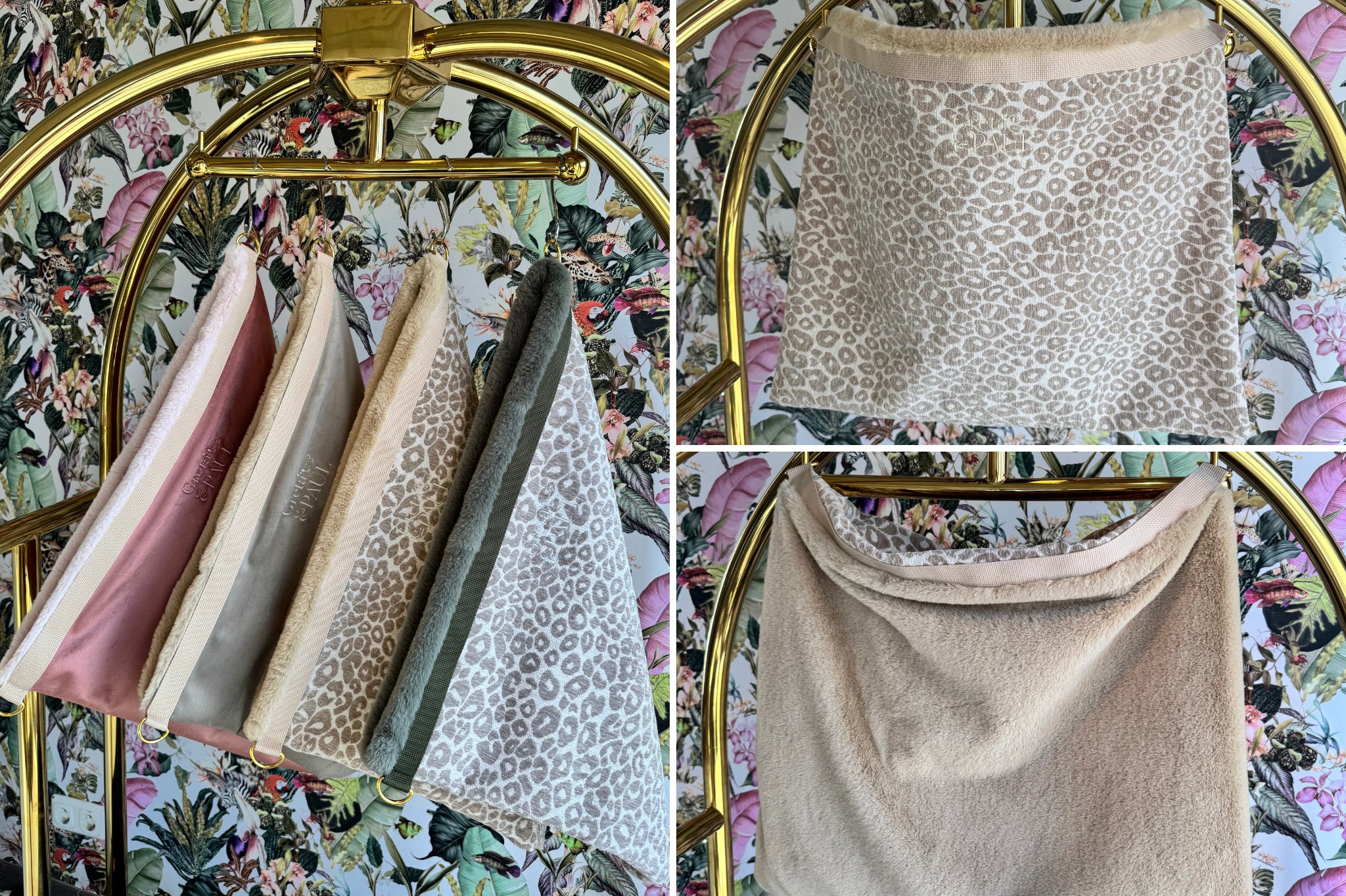 Greta & PAUL 3-in-1 Flausch-Wendesäckchen der Frühjahrs-Edition: Übersicht der 4 Varianten mit Fokus auf Wild-Leo Sand.