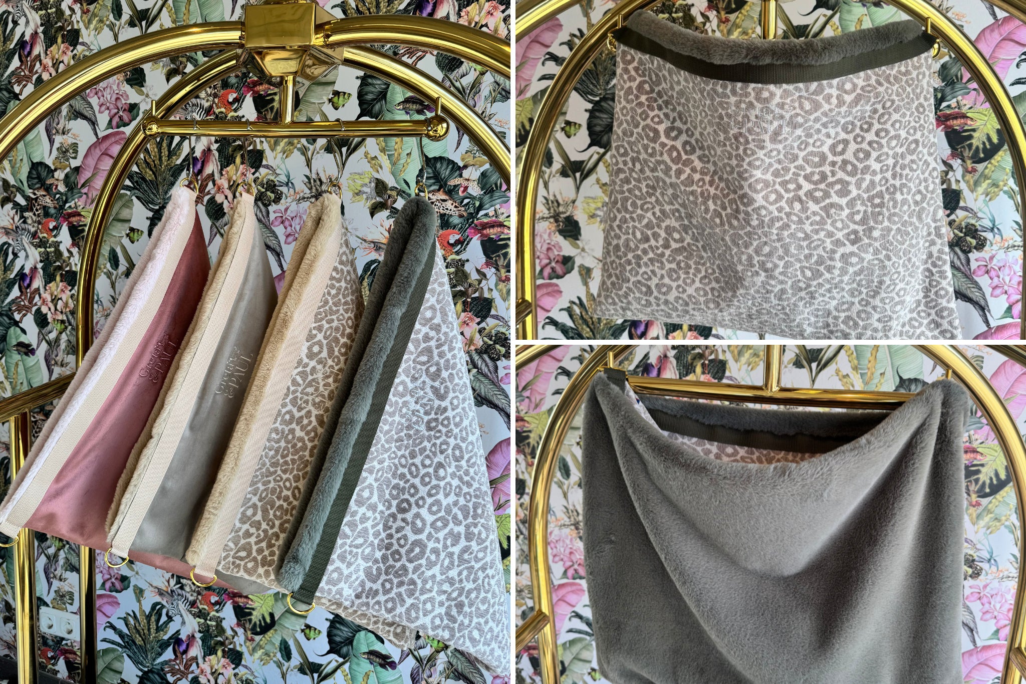 Greta & PAUL 3-in-1 Flausch-Wendesäckchen der Frühjahrs-Edition: Übersicht der 4 Varianten mit Fokus auf Wild-Leo Stone.