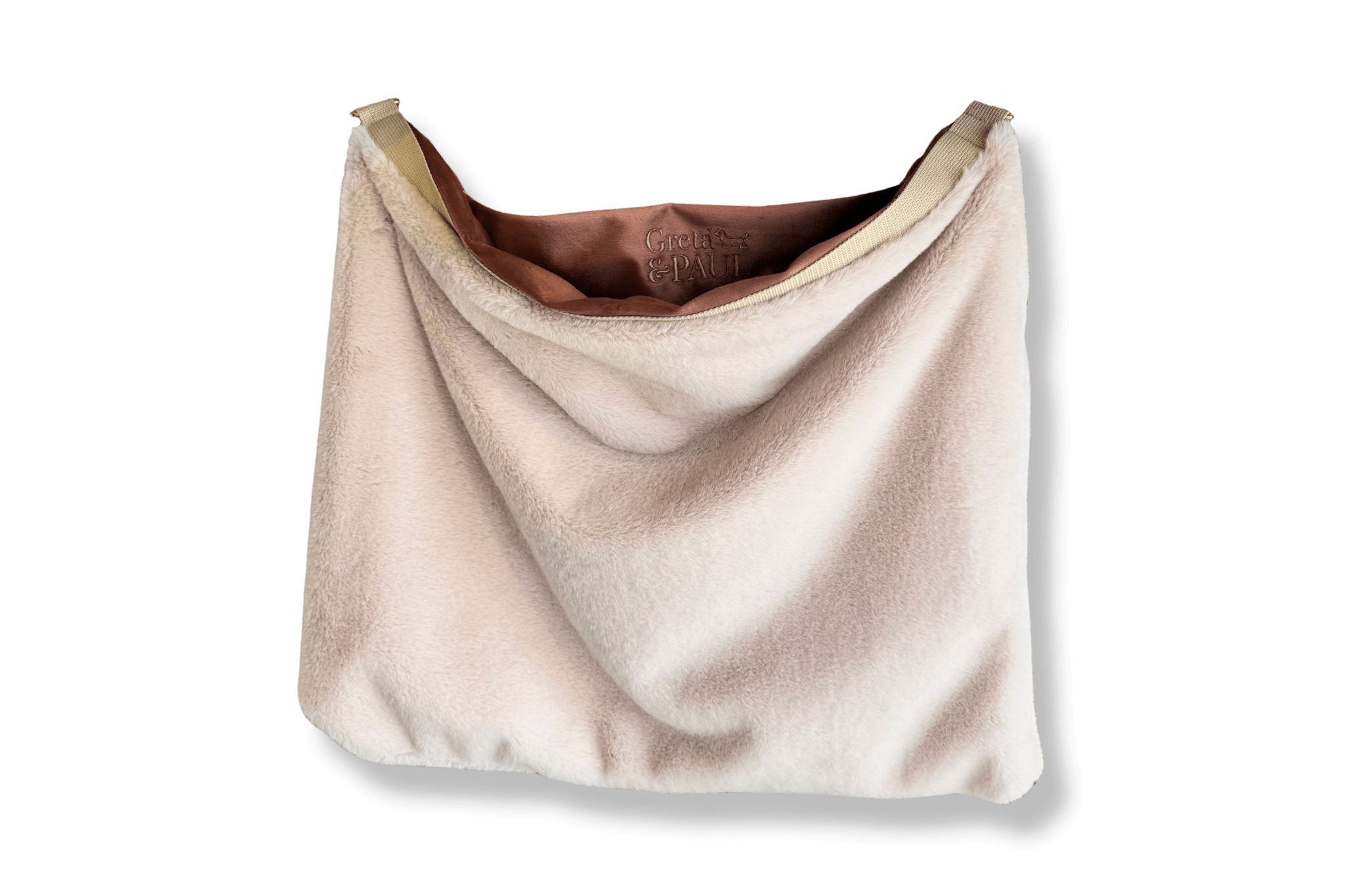 Gewendetes Greta & PAUL 3-in-1 Säckchen Rose-Samt: Hellbeiger Flausch, Logostickerei.