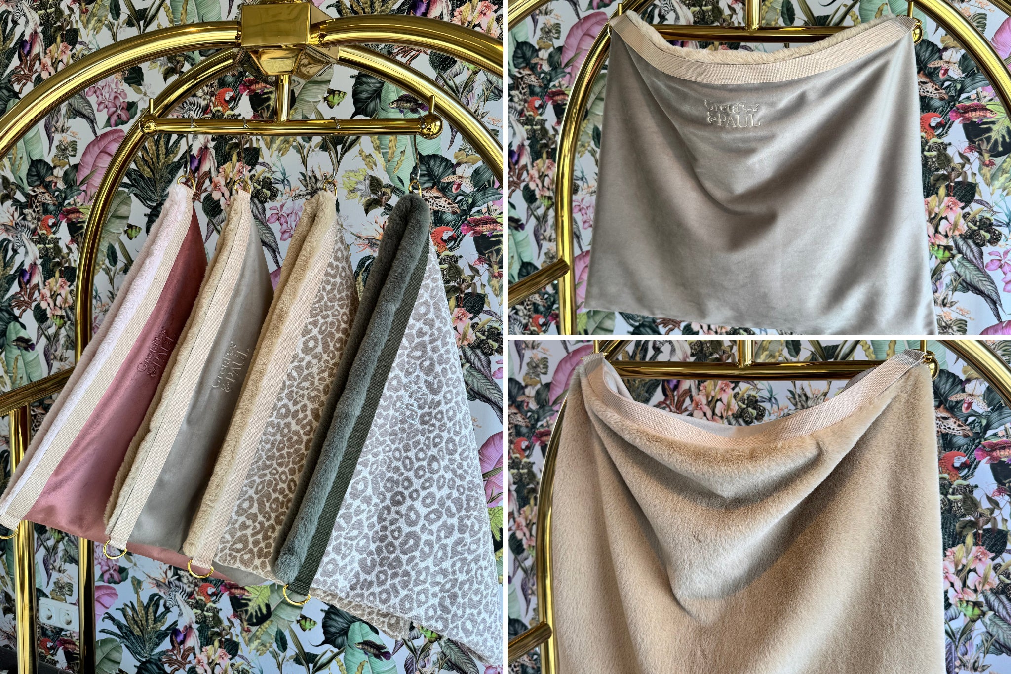 Greta & PAUL 3-in-1 Flausch-Wendesäckchen der Frühjahrs-Edition: Übersicht der 4 Varianten mit Fokus auf Sand-Samt.