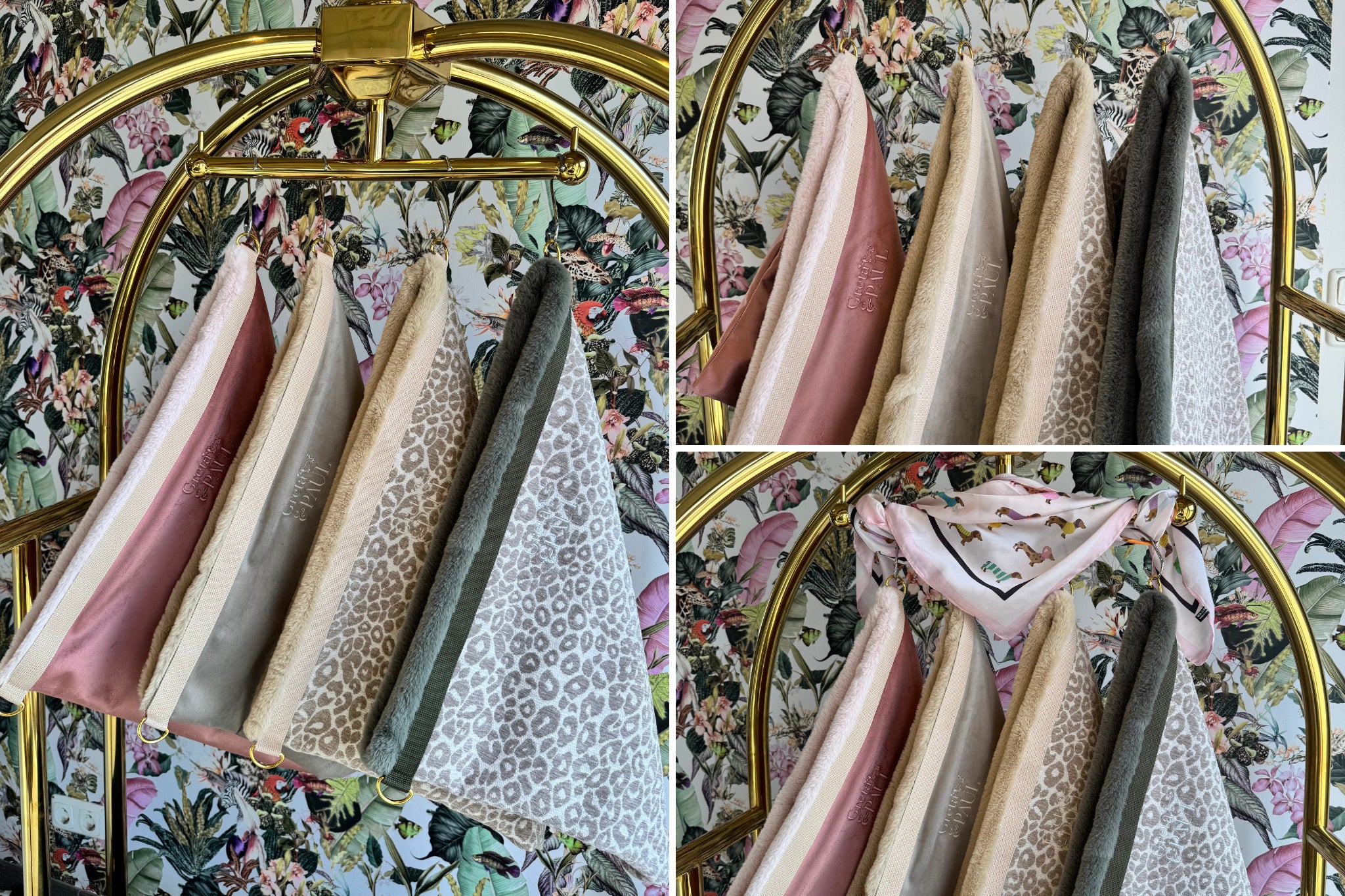 Greta & PAUL 3-in-1 Flausch-Wendesäckchen der Frühjahrs-Edition: Übersicht der 4 Varianten in einer Collage.