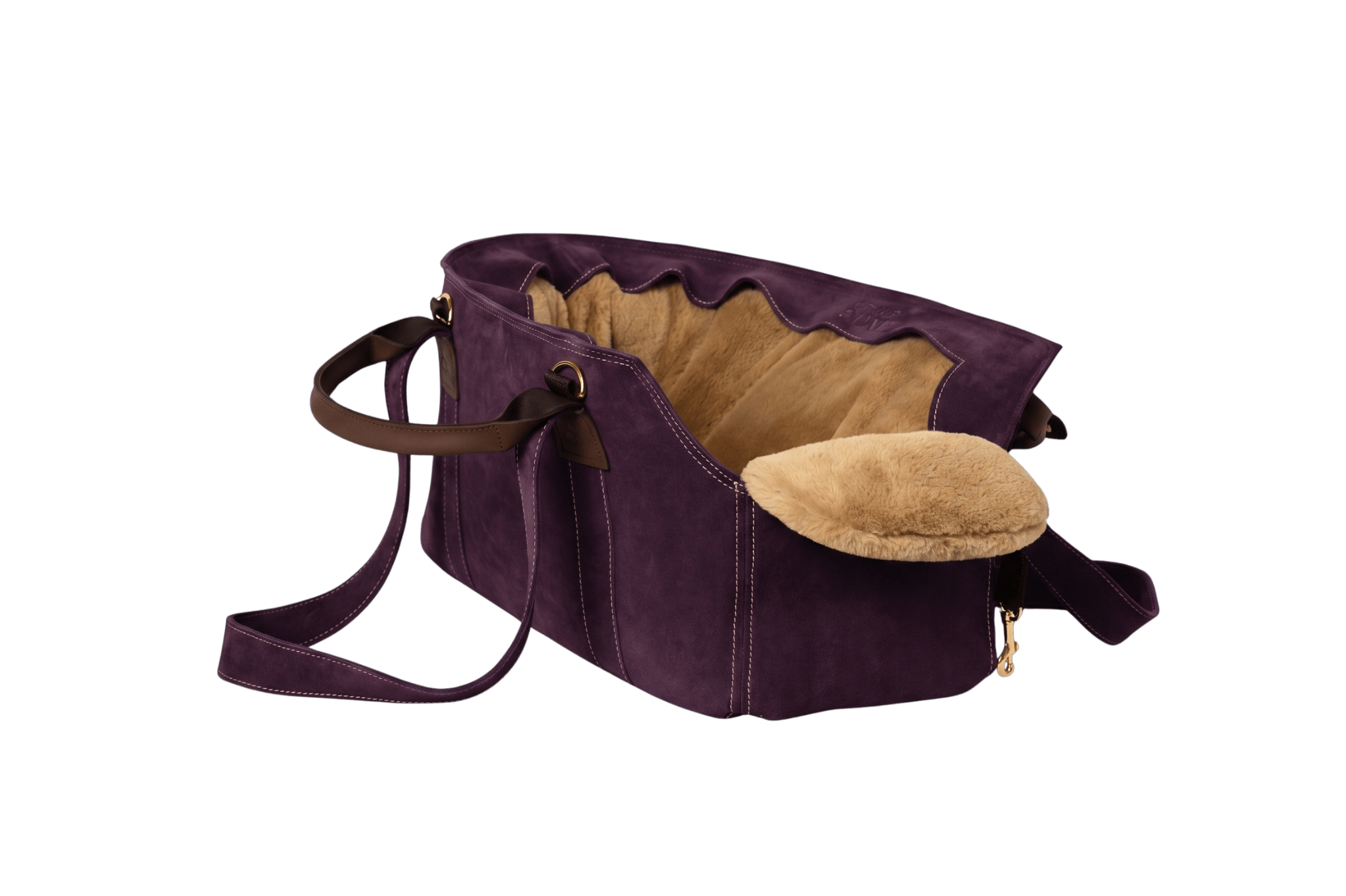 Gretas Luxus Wildleder-Hundetasche in Lila mit Gold-Flausch-Inlay