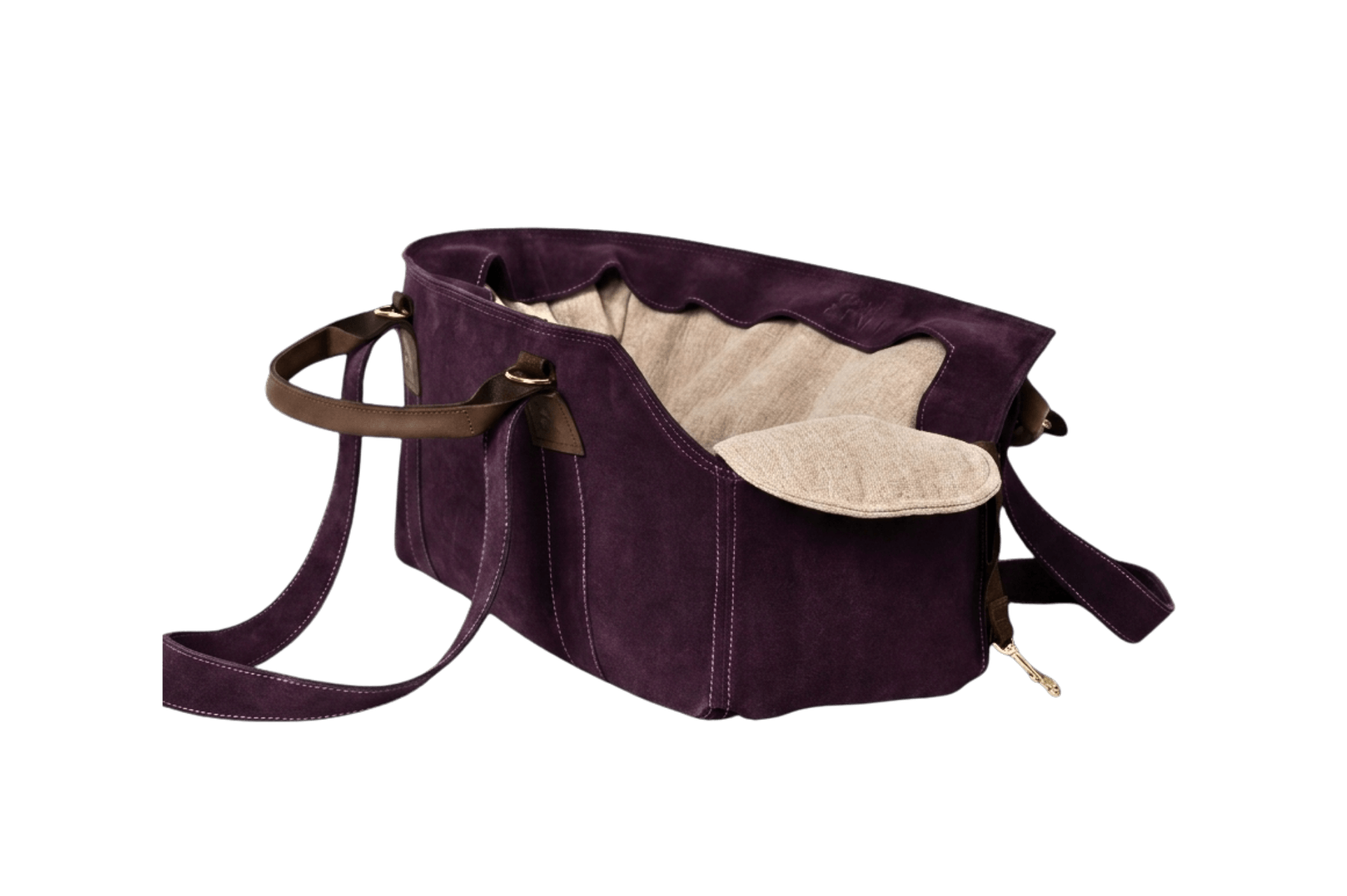 Gretas Luxus Wildleder-Hundetasche in Lila mit Hellbeige-Leinen-Inlay