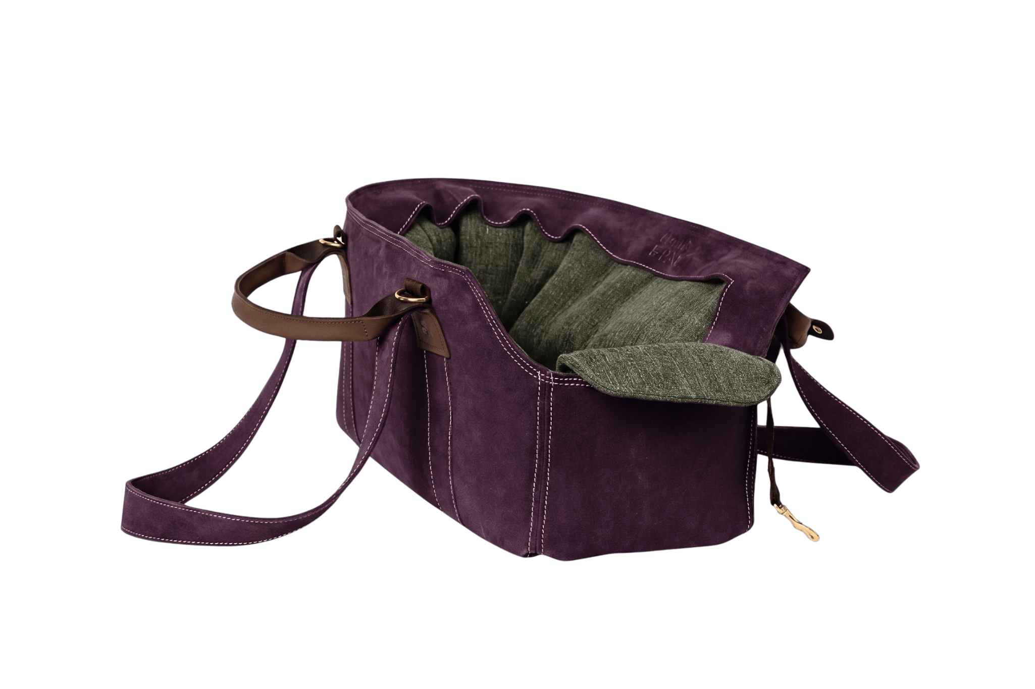 Gretas Luxus Wildleder-Hundetasche in Lila mit Olivgrün-Leinen-Inlay