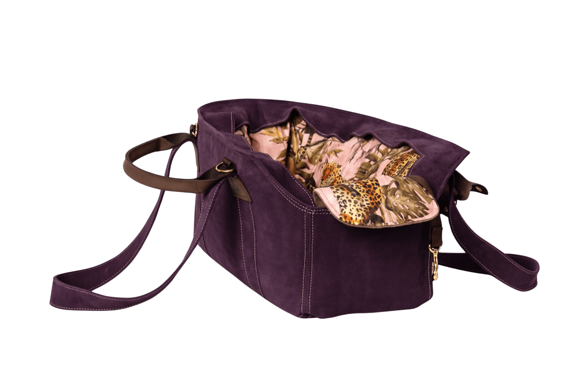 Gretas Luxus Wildleder-Hundetasche in Lila mit Pink-Leo-Wende-Samt-Inlay
