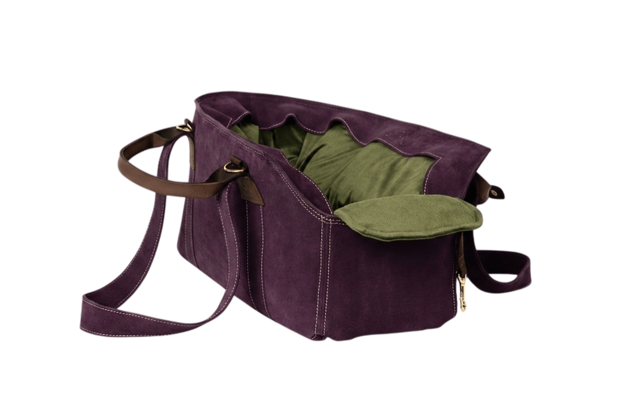 Gretas Luxus Wildleder-Hundetasche in Lila mit olivgrünem Samt-Inlay