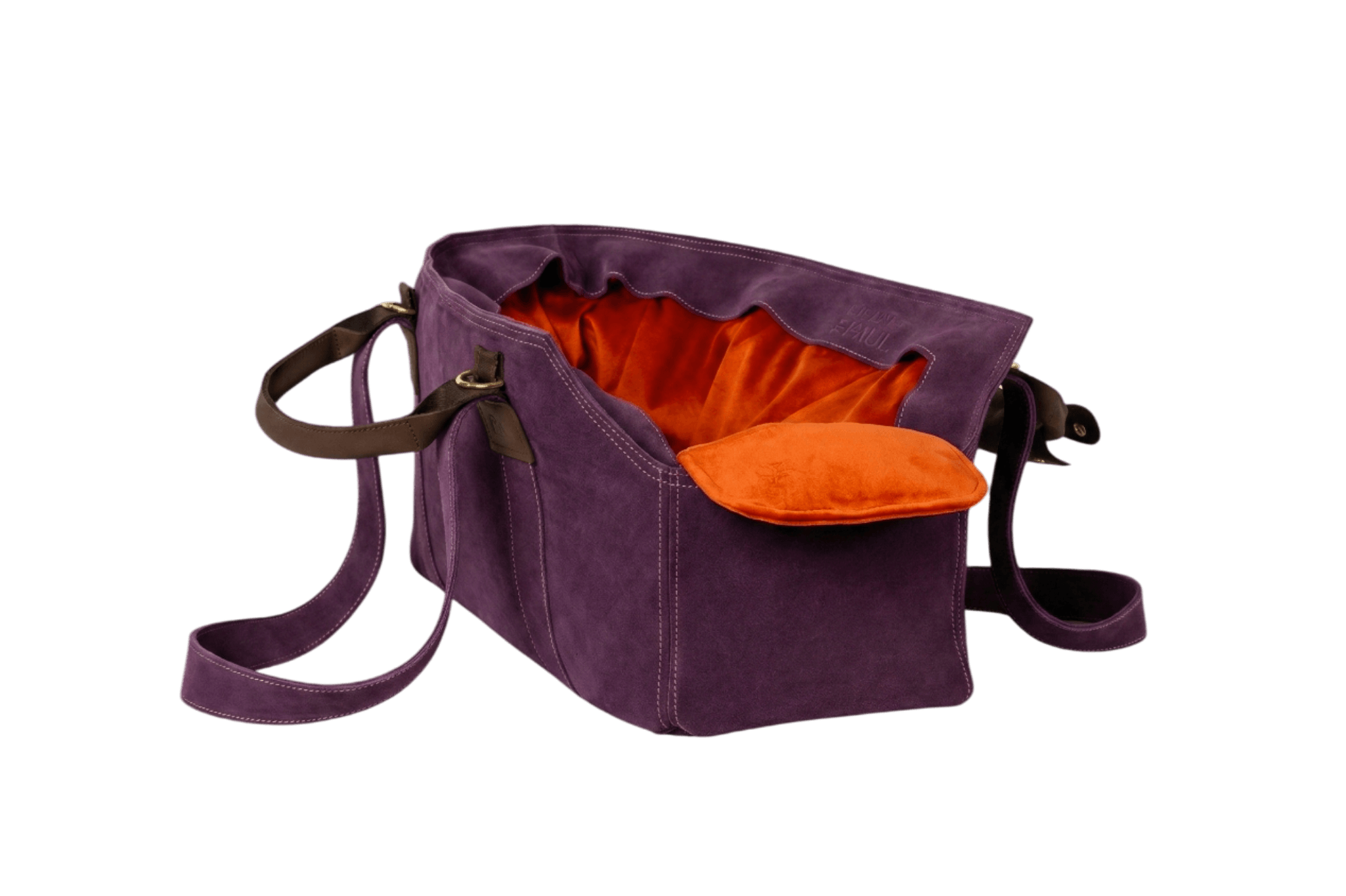 Gretas Luxus Wildleder-Hundetasche in Lila mit orangefarbenem Samt-Inlay