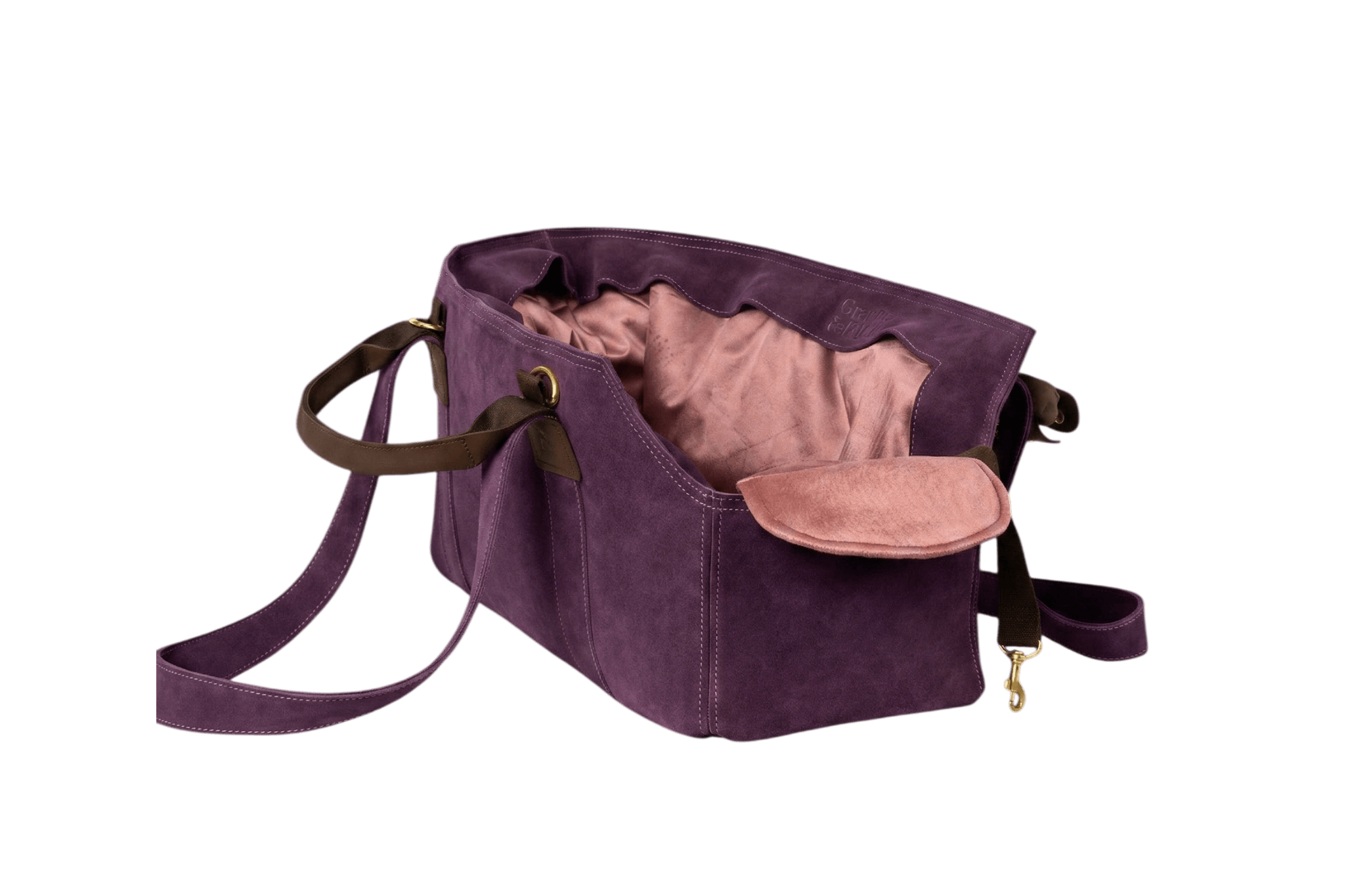 Gretas Luxus Wildleder-Hundetasche in Lila mit rosafarbenem Samt-Inlay