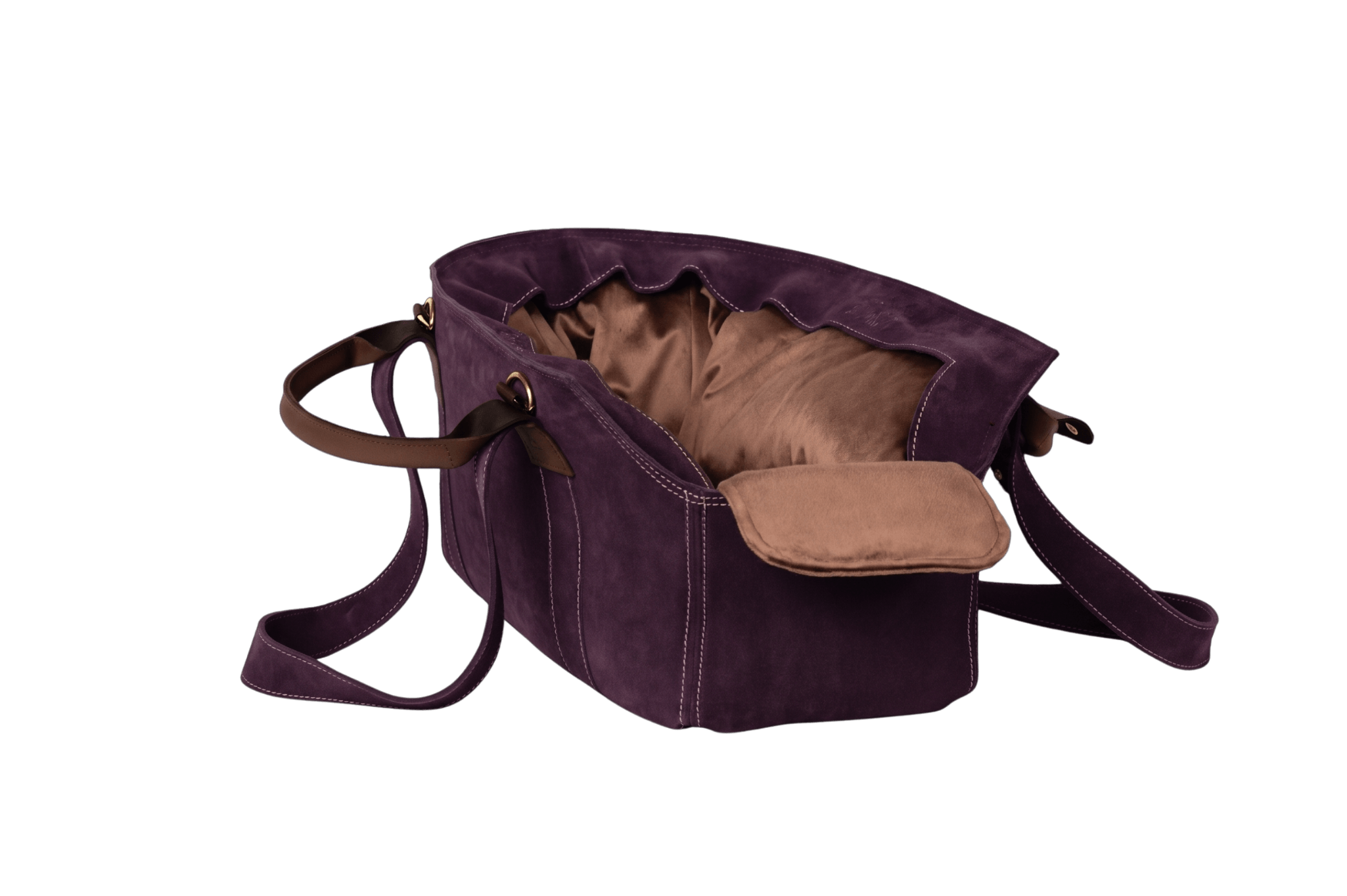 Gretas Luxus Wildleder-Hundetasche in Lila mit taupefarbenem Samt-Inlay