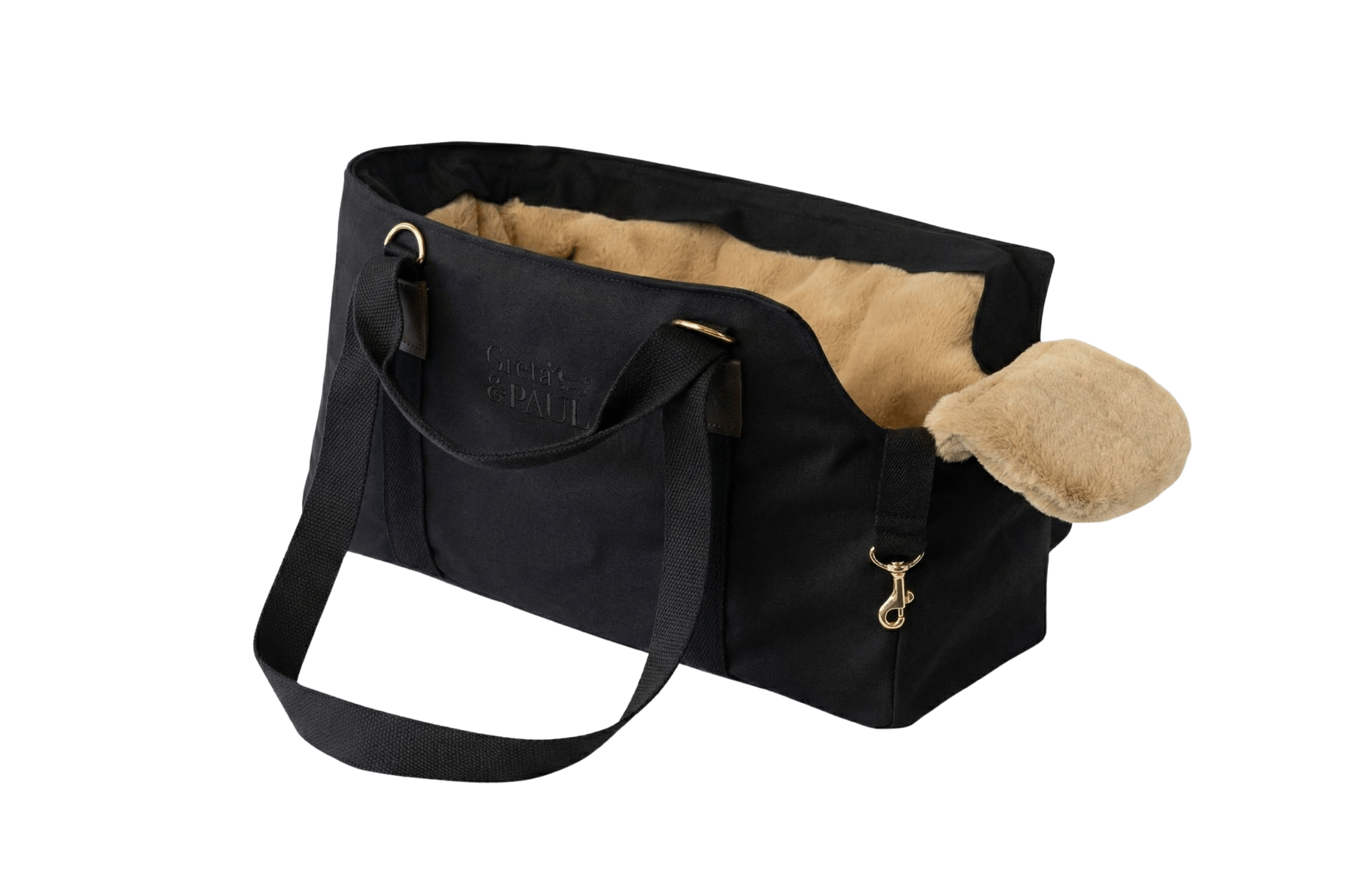 Gretas Premium Hundetasche „All Black“ mit Beige-Gold Flausch-Inlay