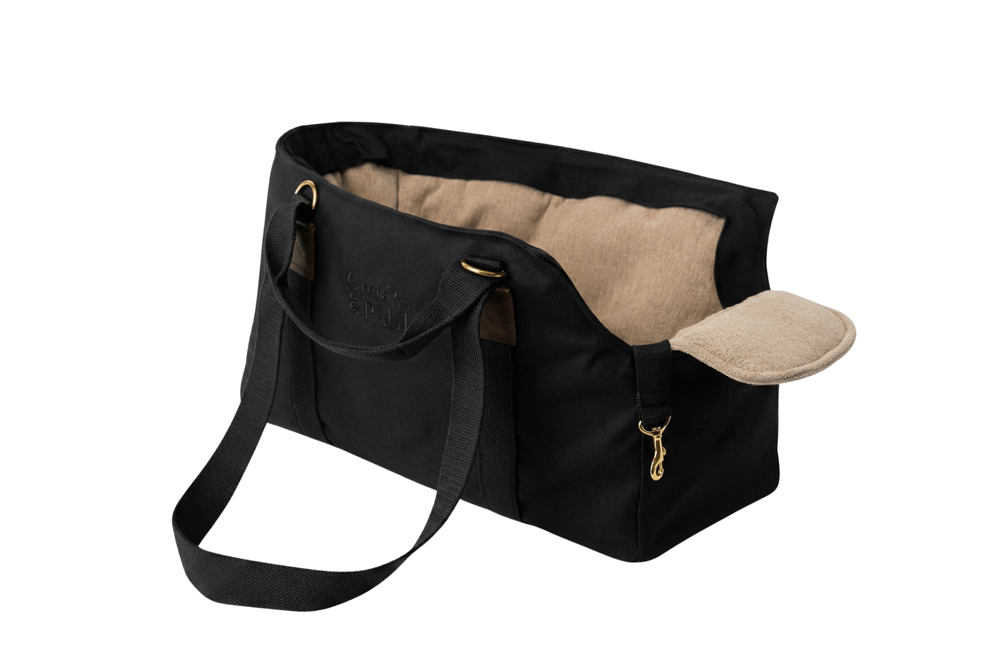 Gretas Premium Hundetasche „All Black“ mit hellbeigefarbenem Leinen-Inlay