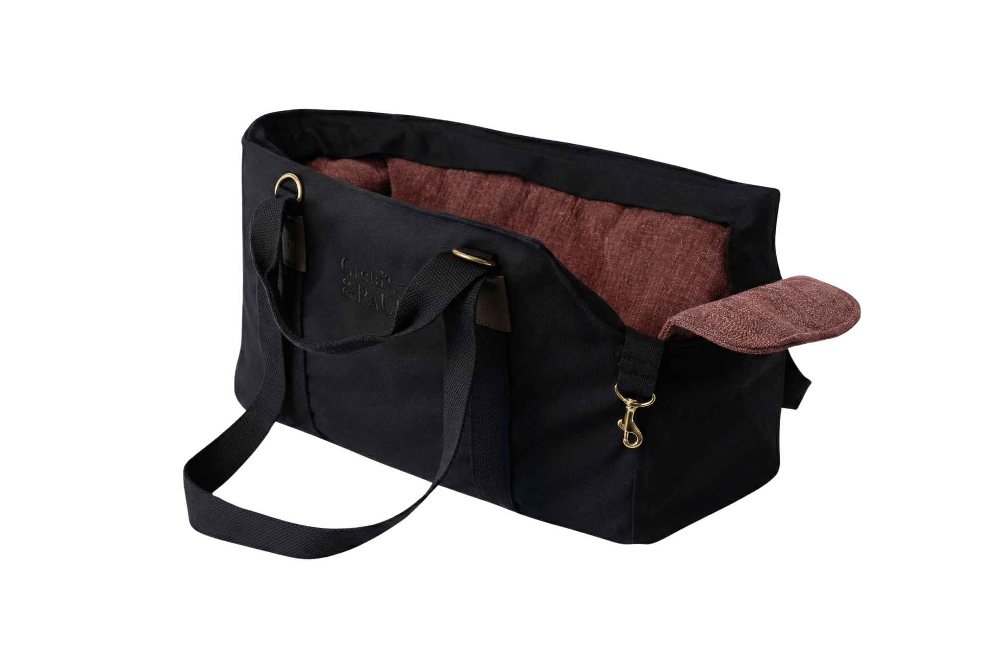 Gretas Premium Hundetasche „All Black“ mit lilafarbenem Leinen-Inlay