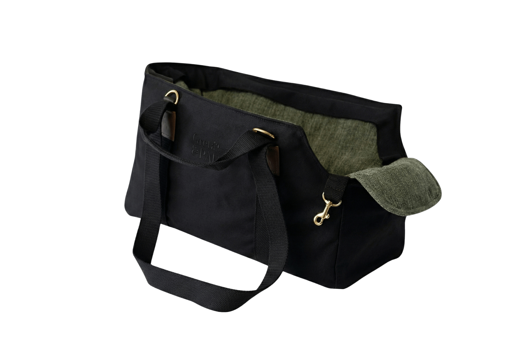 Gretas Premium Hundetasche „All Black“ mit olivgrünem Leinen-Inlay