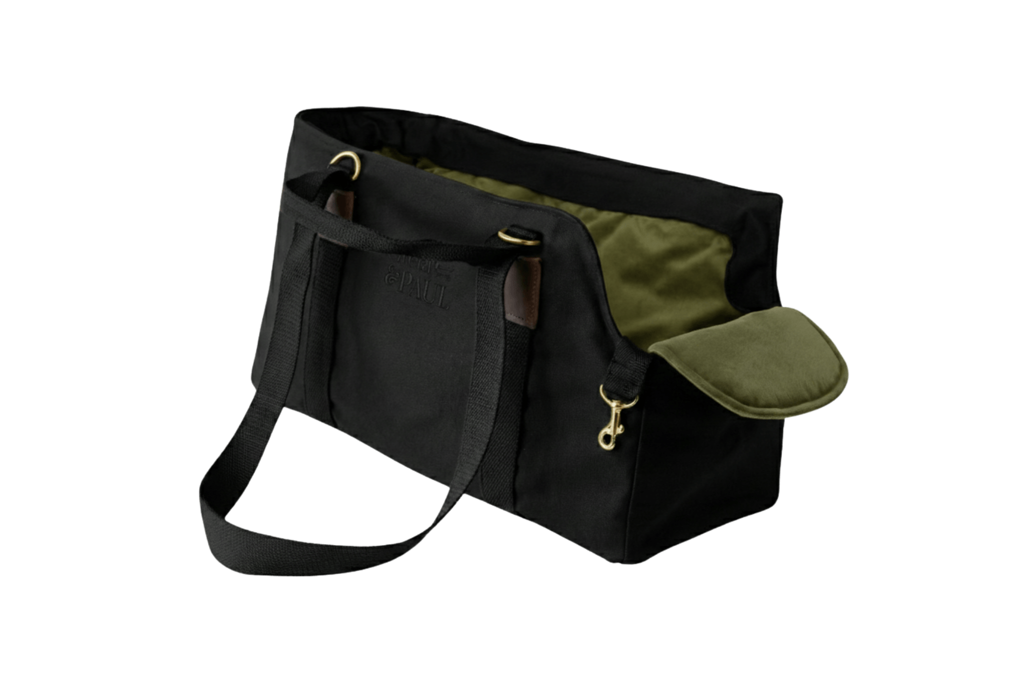 Gretas Premium Hundetasche „All Black“ mit olivgrünem Samt-Inlay