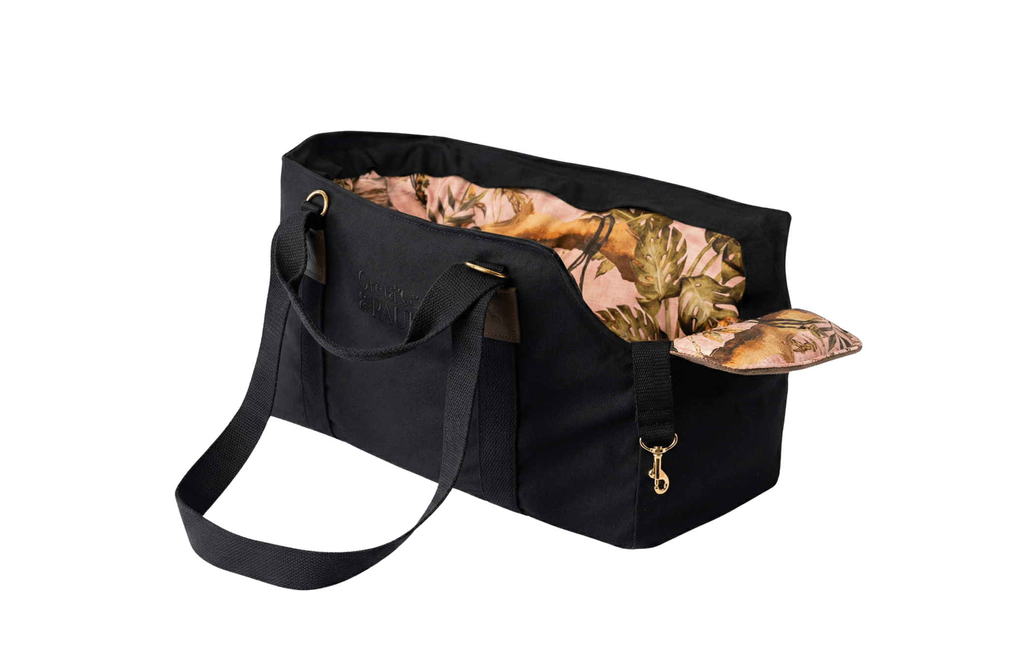 Gretas Premium Hundetasche „All Black“ mit Pink-Leo-Wende-Inlay