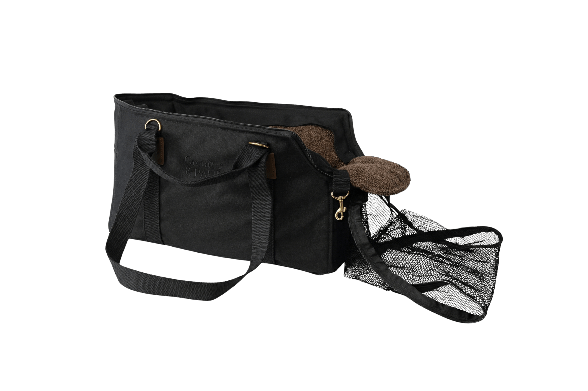 Gretas Premium Reise-Hundetasche „All Black“ mit braunfarbenem Boucle-Inlay