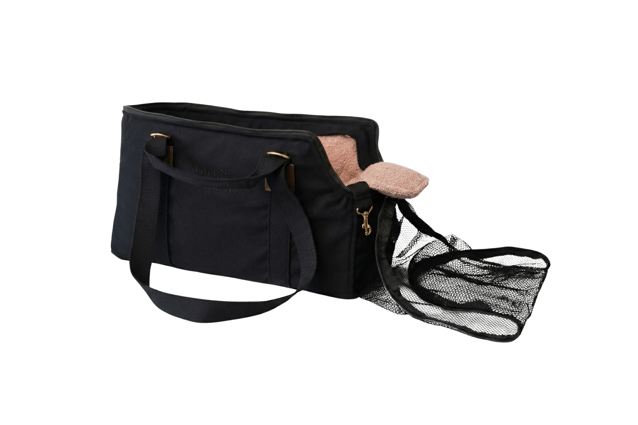 Gretas Premium Reise-Hundetasche „All Black“ mit rosafarbenem Boucle-Inlay