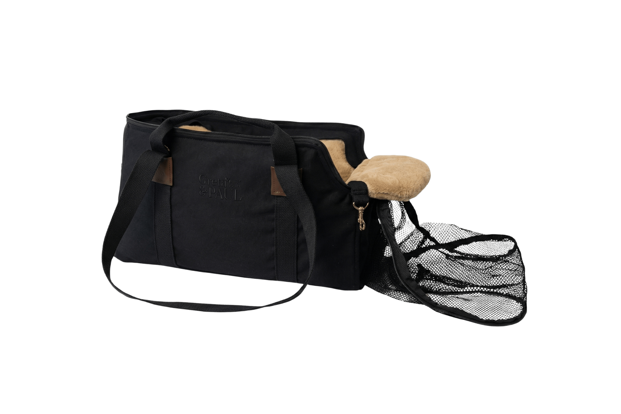 Gretas XL Premium Reise-Hundetasche „All Black“ mit Beige-Gold Flausch-Inlay