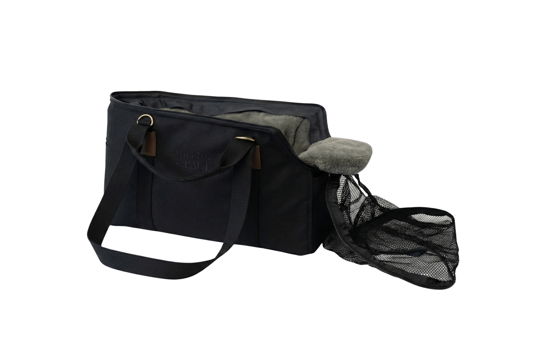 Gretas XL Premium Reise-Hundetasche „All Black“ mit Grau-Grün-Silber Flausch-Inlay