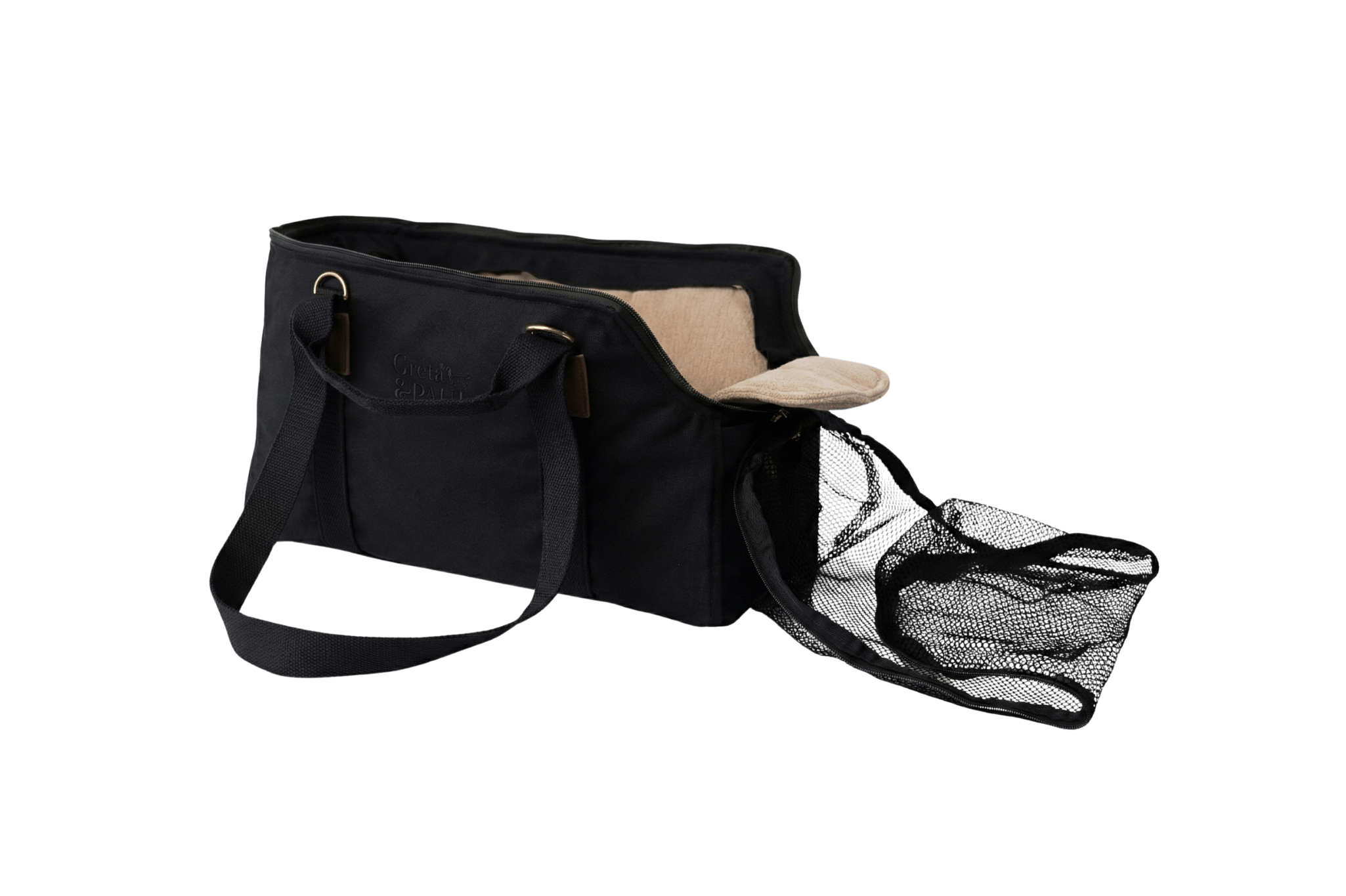Gretas Premium Reise-Hundetasche „All Black“ mit hellbeigefarbenem Leinen-Inlay