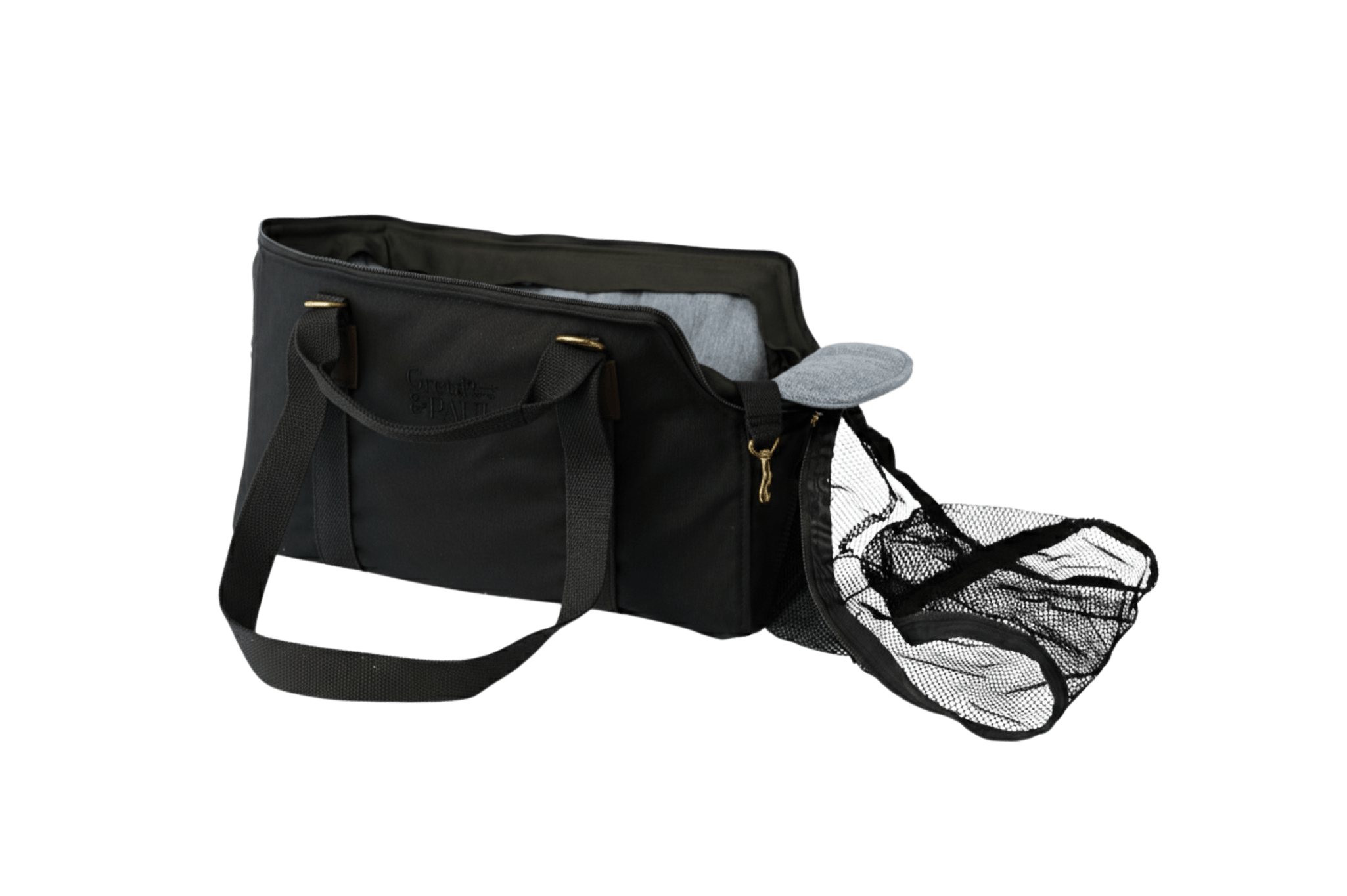 Gretas Premium Reise-Hundetasche „All Black“ mit hellblauem Leinen-Inlay